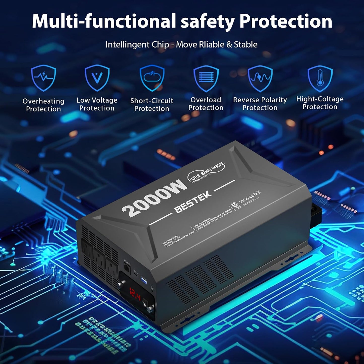 2000 Watt Pure Sine Wave Power Inverter, 12V DC to 110/120V AC Inverter with 3 AC Outlets, Remote, PD 3.0 USB Port, QC 18W, Remote Controller, LED Display,For RV Solar Systems,Semi Truck,Vehicles,Boat