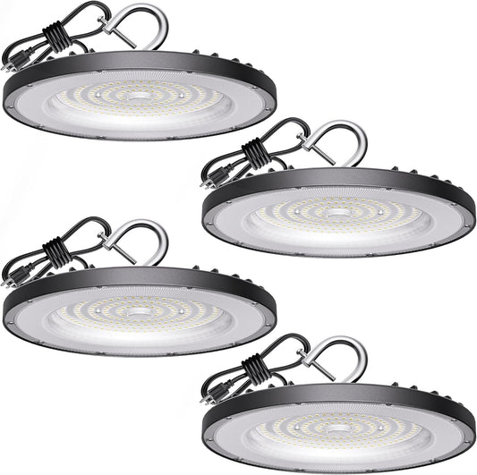 4 Pack UFO LED High Bay Light 150W(600W MH/HPS Equiv.), 21000lm, 5000K Daylight High Bay LED Shop Lights with 5' Cable US Hook, IP65 Commercial Light Fixture for Warehouse Workshop Barn Factory