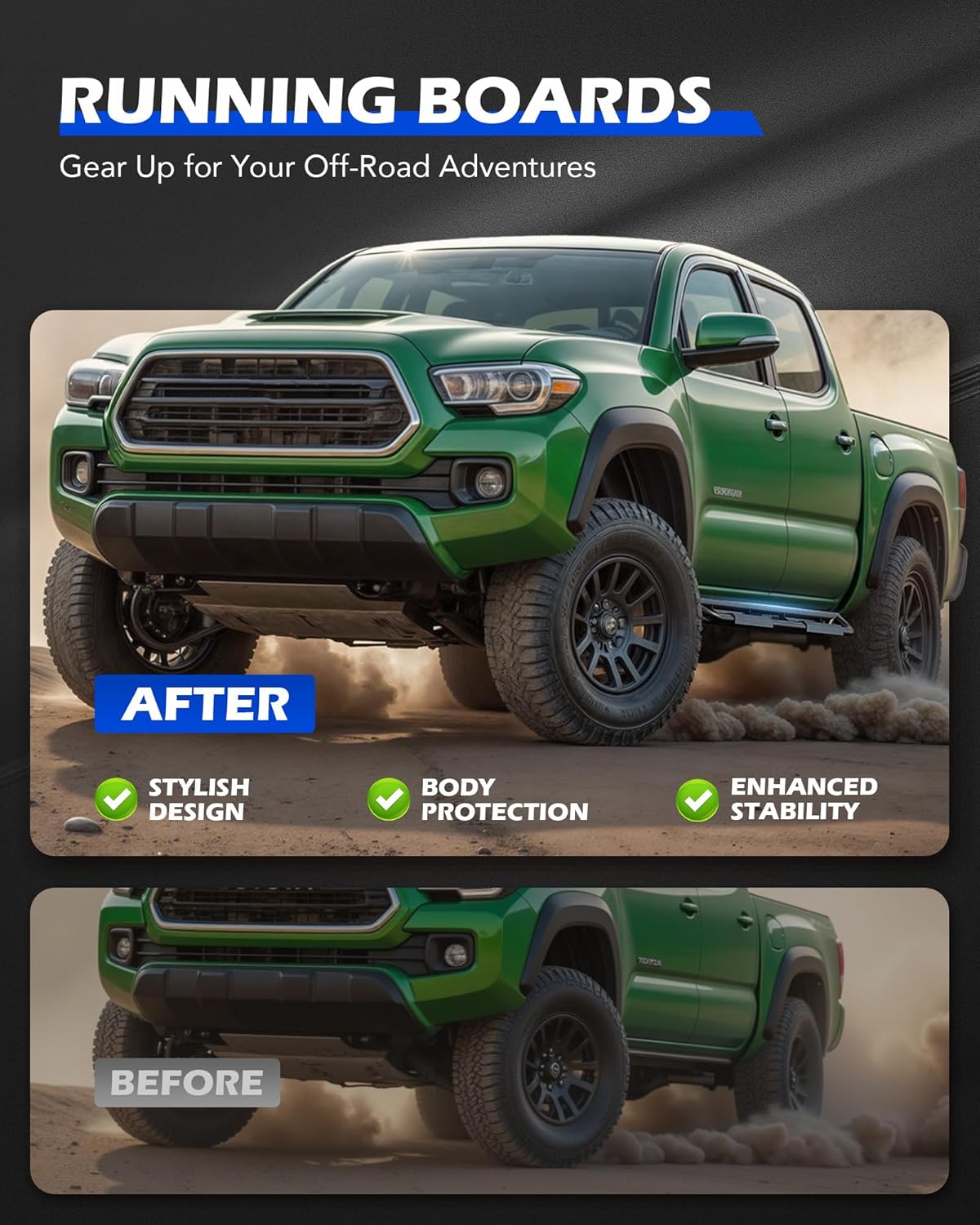 Running Boards Compatible with Toyota Tacoma Double Cab 2005-2023, 6.6" Side Steps with Paintable Step Plates, Heavy Duty Nerf Bar with Triple-Shield Anti-Corrosion Technology, Single Stair