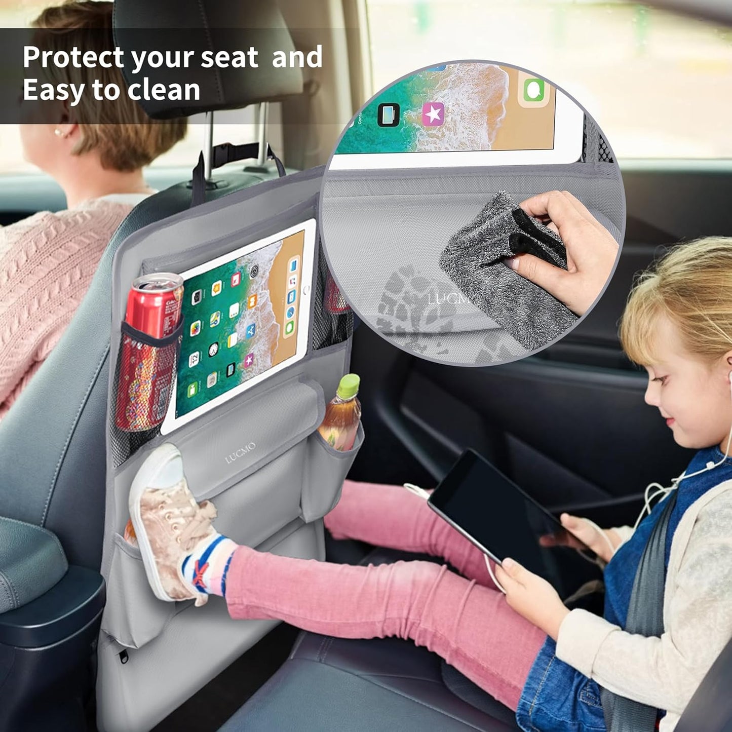 LUCMO Car Backseat Organizer with Touch Screen Tablet Holder,9 Storage Pockets Car Storage Organizer,Protectors Kick Mats Travel Accessories for Kids-Grey