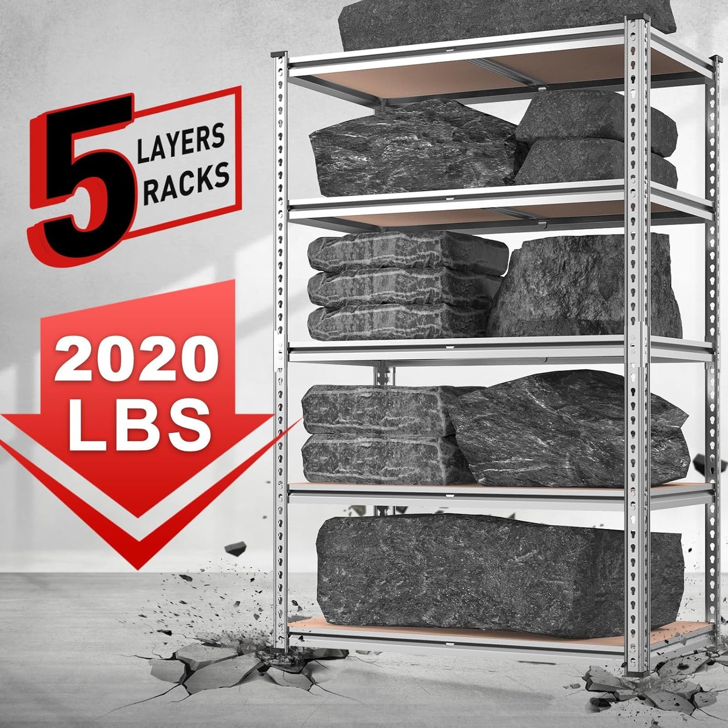 REIBII 2020LBS Garage Shelving Heavy Duty Metal Shelving 5 Tier Storage Shelves, Garage Shelves for Warehouse Basement, Easy Assembly, 72" H x 35.55" W x 16" D, Galvanized, 4 Pack