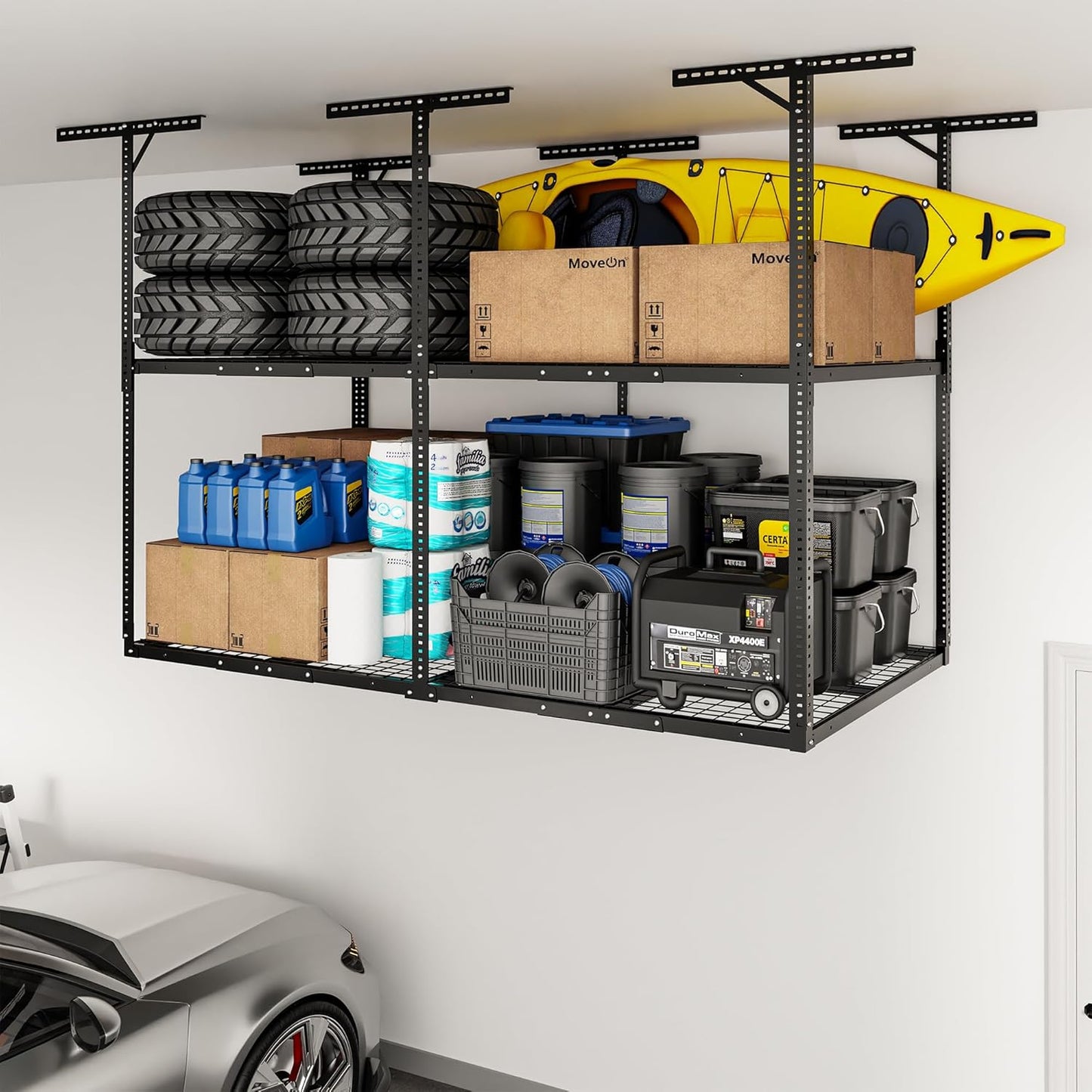 FLEXIMOUNTS 4x8 2-Tier Overhead Garage Storage Rack – Adjustable Heavy Duty Metal Garage Ceiling Storage Racks, 1000 lbs Capacity – Garages Organization System for 10–15 ft Tall Garages, Black