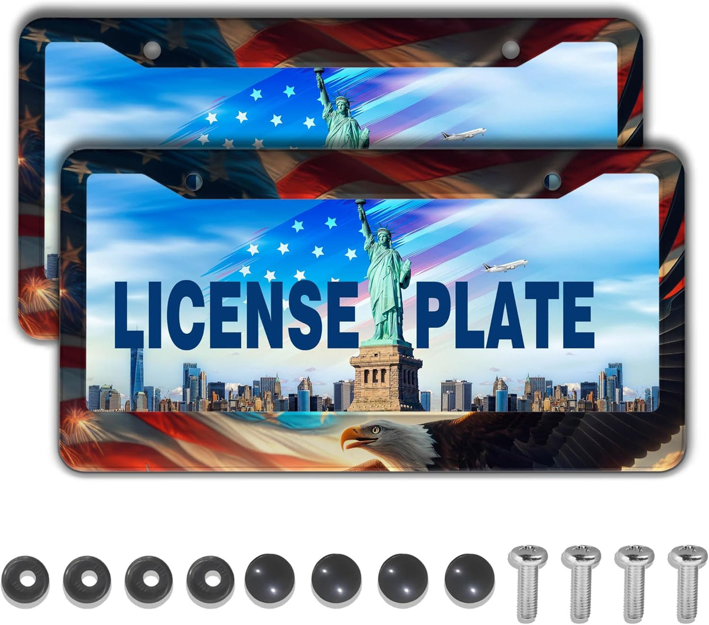 Automotive Exterior Accessories Multicolor License Plate Frames American Flag Eagle Aluminum Metal Car Accessory 2 Pack with Screw Covers Set