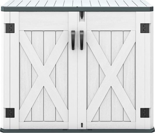 DWVO Outdoor Storage Shed, Weatherproof Resin, 35 Cu Ft Capacity, Horizontal Design, X-Shaped Lockable Door, Suitable for Bike, Garden Tools, Trash Cans, Light Gray