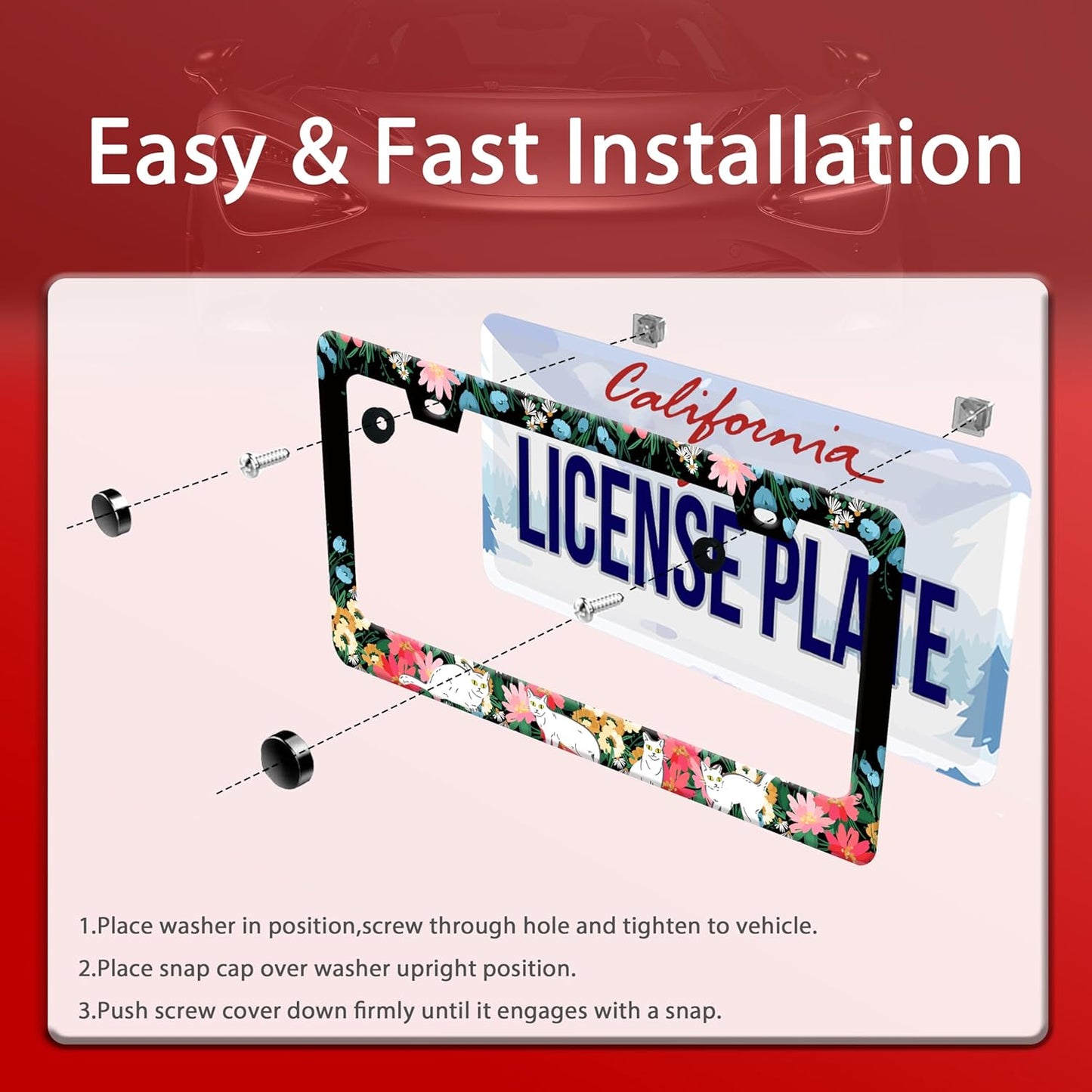 Personalized License Plate Frame Cat Flowers Stainless Steel Accessory Pet License Plate Holder Funny Car Decorative 2 Holes Screws Fits Us Standard License Plates 12.2 X 6.3 in for Men Women