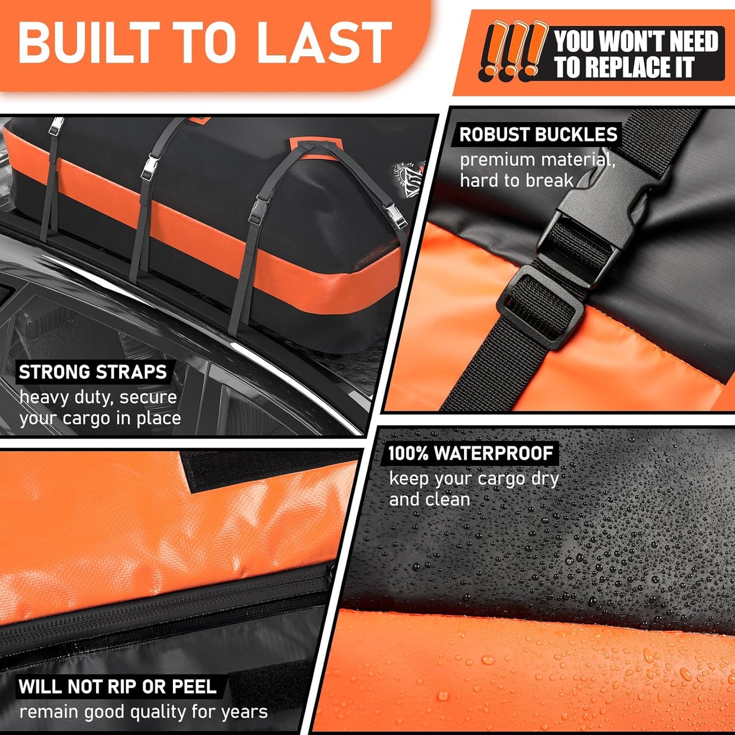 Asinking Car Roof Bag Rooftop top Cargo Carrier Bag 15 Cubic feet Waterproof for All Cars with/Without Rack, Includes Anti-Slip Mat, 10 Reinforced Straps, 6 Door Hooks, Luggage Lock