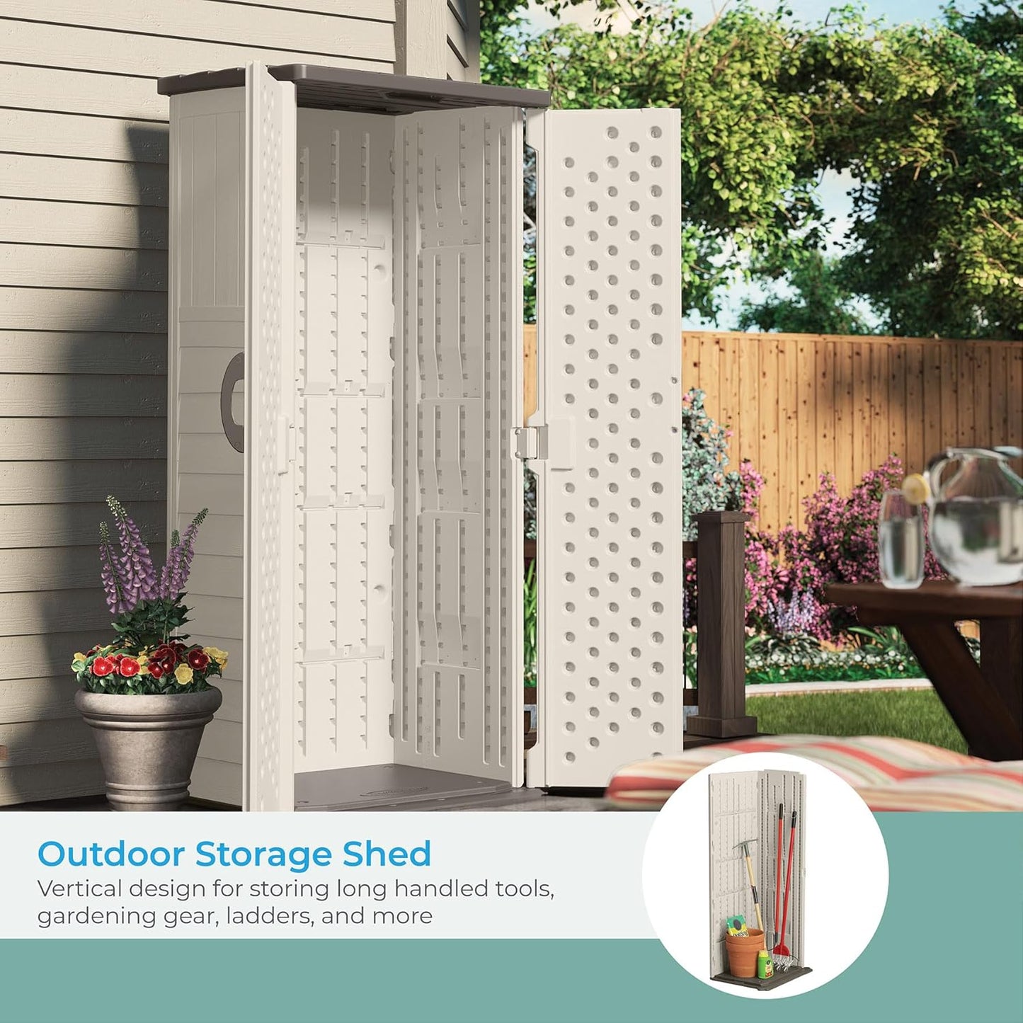 Suncast Vertical Outdoor Storage Shed with Reinforced Floor, Lockable Double Doors, All-Weather Construction, and Multi-Wall Panels, Vanilla, Made in the USA