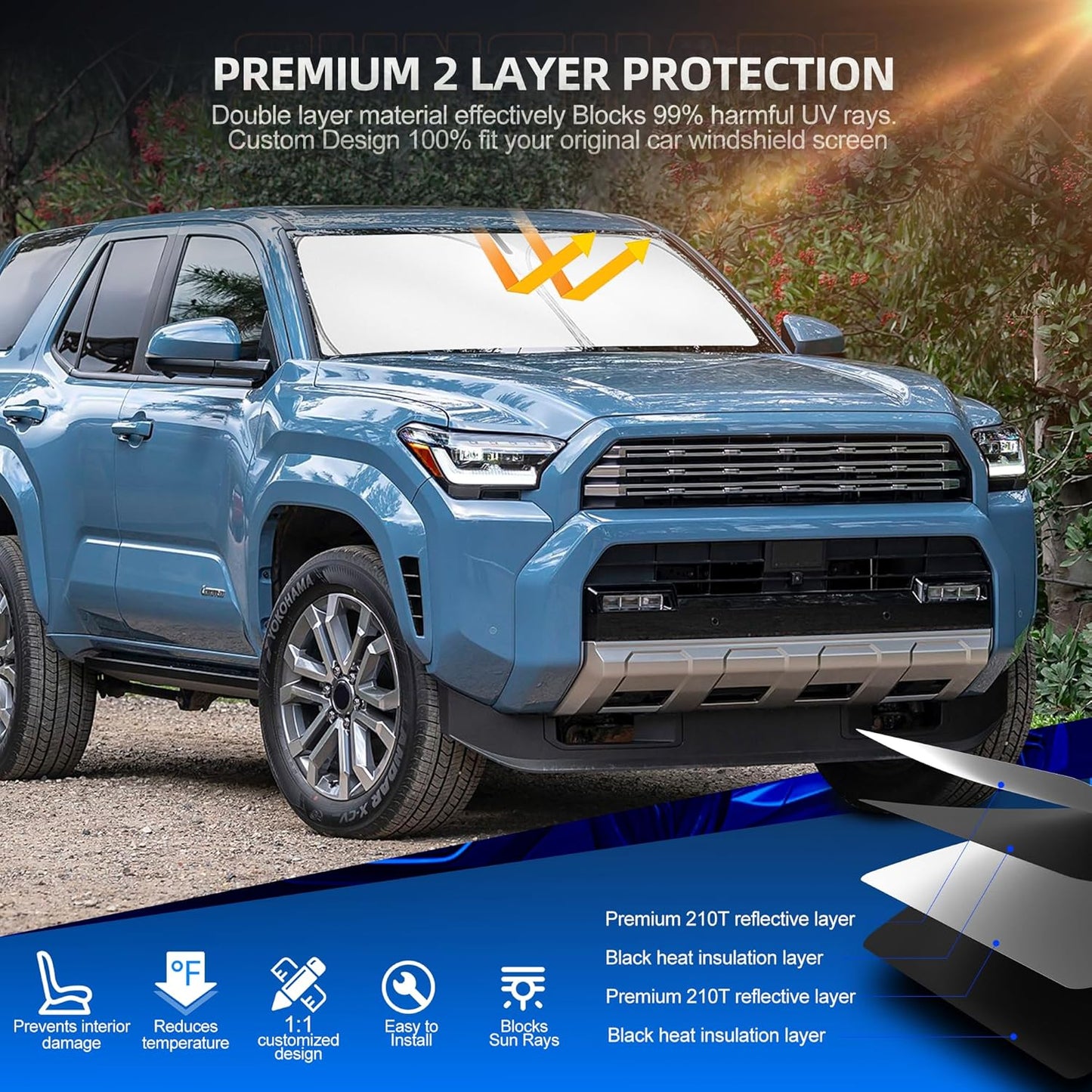 Windshield Sun Shade for Toyo-ta 4runner 2010-2025 4-Runner Foldable Sunshade Custom Fit Front Window Car Interior Accessories Protector Blocks UV Rays