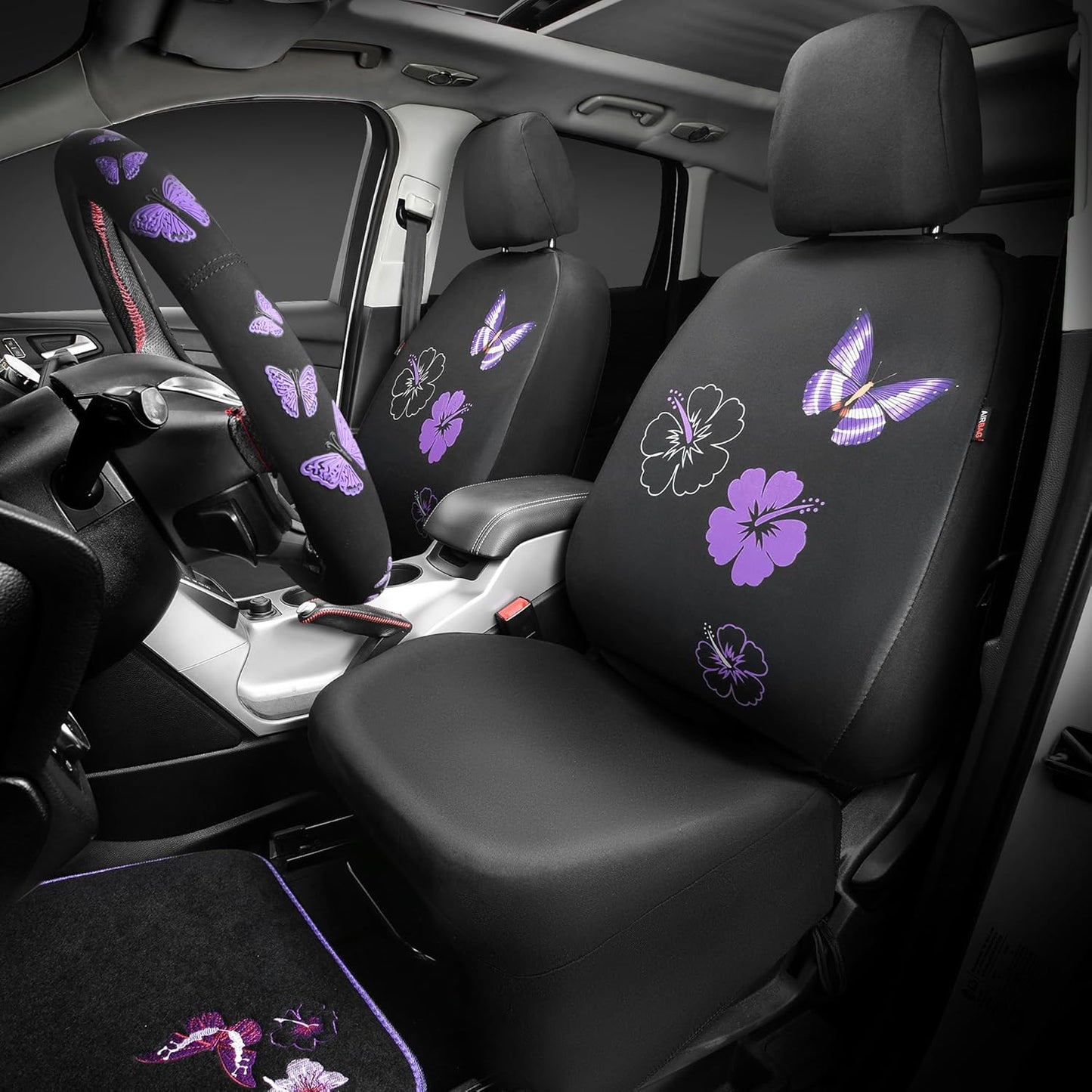 CAR PASS Universal Cloth Butterfly Car Seat Covers Full Set, Embroidered Flower Waterproof Car Floor Mats Carpet, Butterflies Steering Wheel Cover for Car Accessories Interior Sets (Black and Purple)