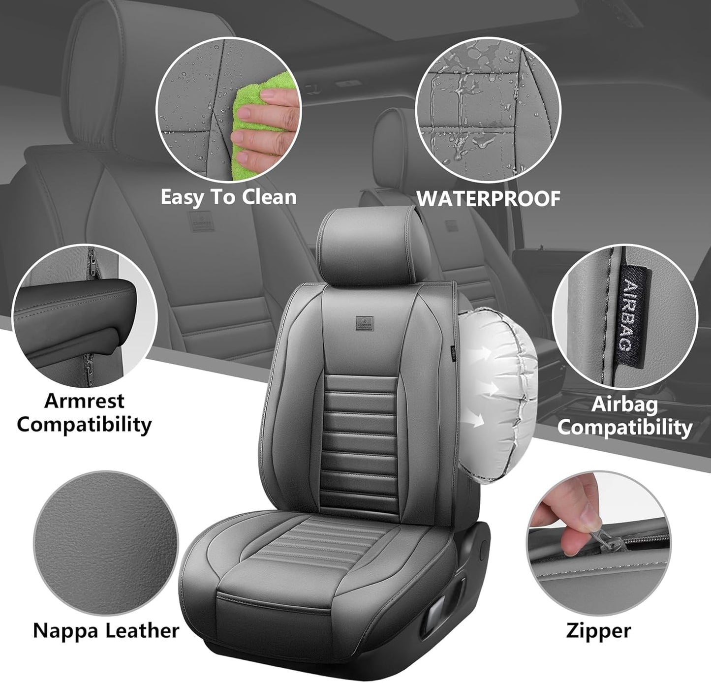 CAR PASS Nappa Leather Car Seat Covers Full Set, Luxury Seat Protector for Cars, Waterproof Anti-Slip Car Seat Cushion Armrest Compatible Airbag Universal for Sedan SUV Pick-up Truck Automotive, Gray
