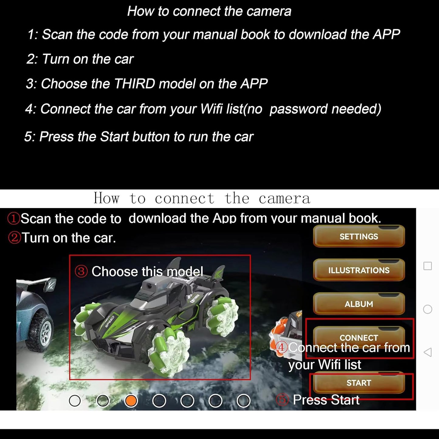 Yasola RC Car with Camera for Kids, Remote Control 360° Rotating High Speed Stunt Vehicle Toy for Boys and Girls, Rechargeable Racing Drift Cars with Flashing Lights and Dynamic Sound for Adults