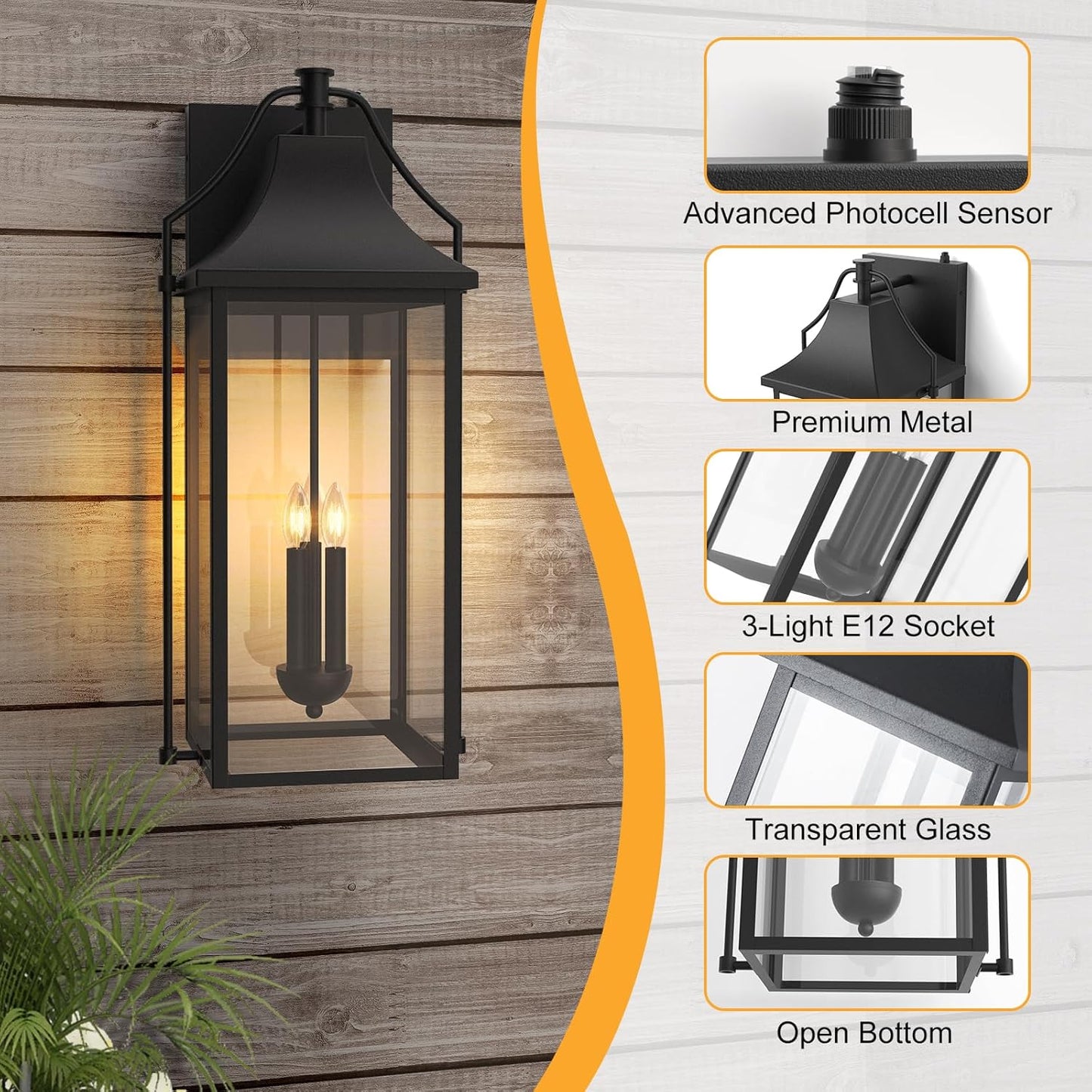 𝟐𝟓-𝐈𝐍𝐂𝐇 Dusk to Dawn Outdoor Wall Light, Large Size Waterproof Patio Lanterns, 3-Light Exterior Wall Mount Lantern Sconce with Glass, Black Wall Sconces for House Garage Front Door