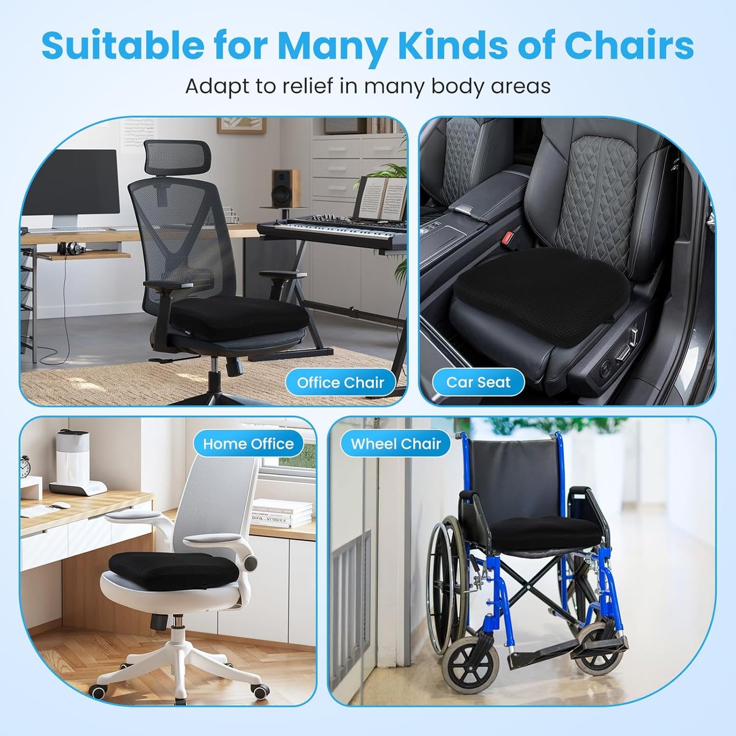 Office Chair Cushion - Breathable Pressure Relief Seat Cushion with Hours Sitting on Gaming/Car/Wheelchair, Extra-Dense Air Fiber for Orthopedic Coccyx, Sciatica & Hip Support (Black)