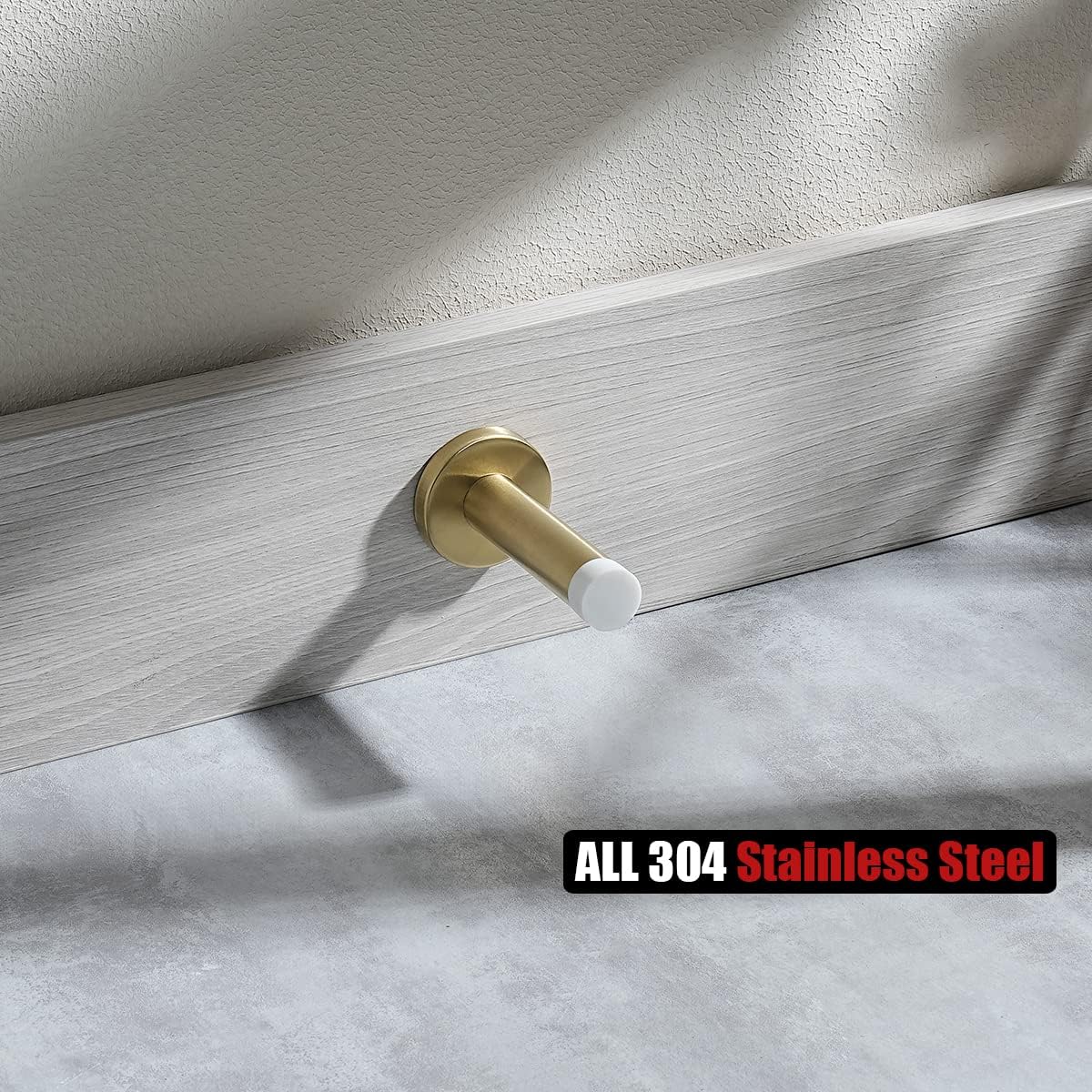 JQK Door Stopper Gold, 304 Stainless Steel Thicken 1mm Sound Dampening Door Stop Bumper Wall Protetor 1 Pack, Brushed Gold Black Tip, DSB5-WG