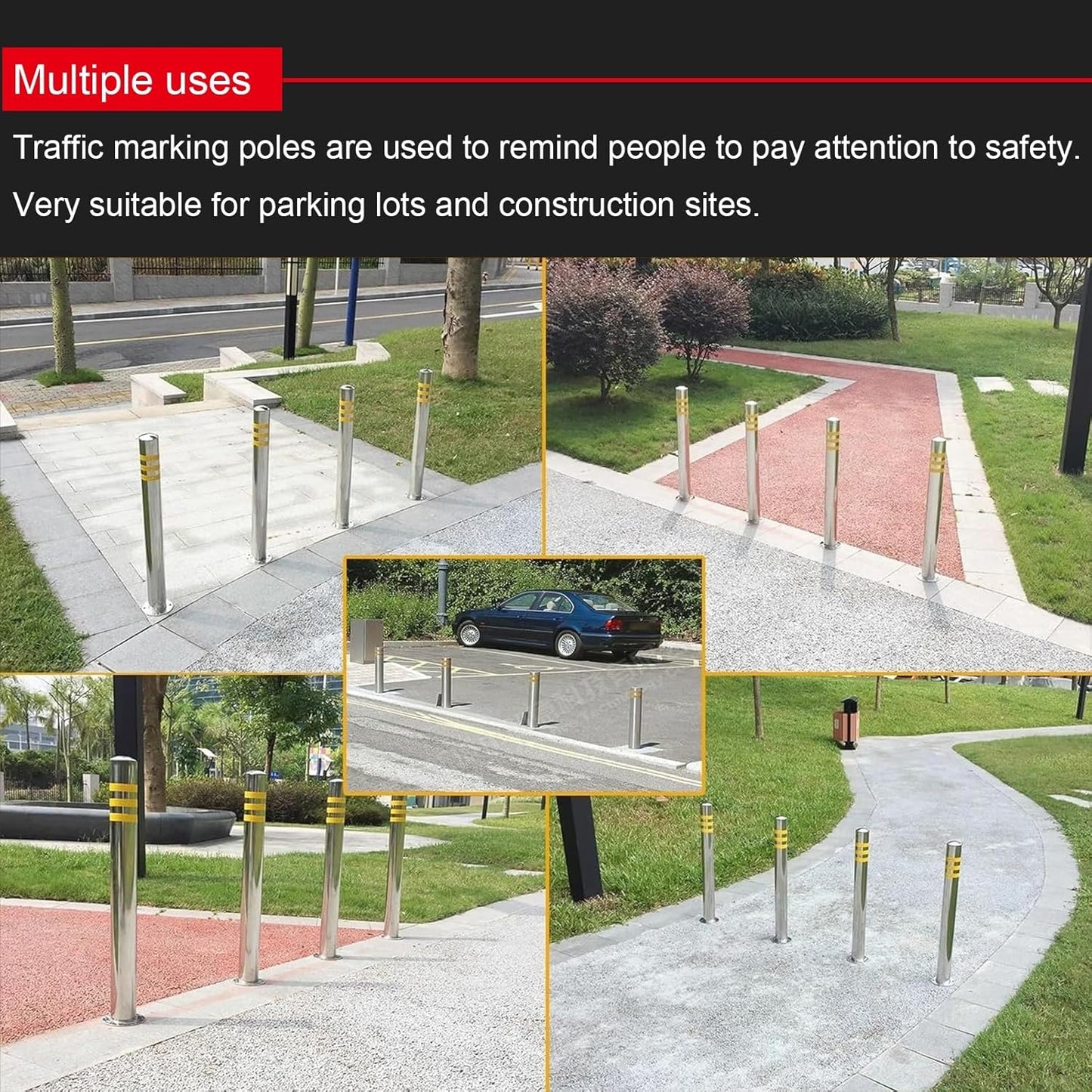 Stainless Steel Parking Bollards for Driveway, Industrial Safety Bollards Reflective Channelizer Post, Parking Barrier, Sturdy and Durable, Easy to Install, for Crowd Control(Silver (1pcs),7.6*75cm/3*