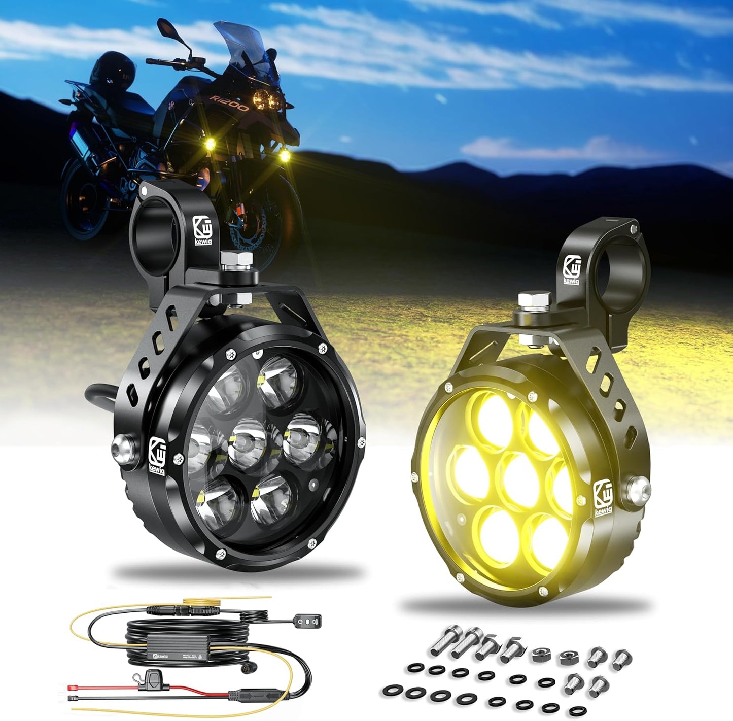 Kewig 4.5 Inch Motorcycle Auxiliary LED Fog Light 90W Amber White Driving Spotlight Kit With Mount Brackets Wire Harness Waterproof Offroad Fit for Motorcycle Jeep Car Truck