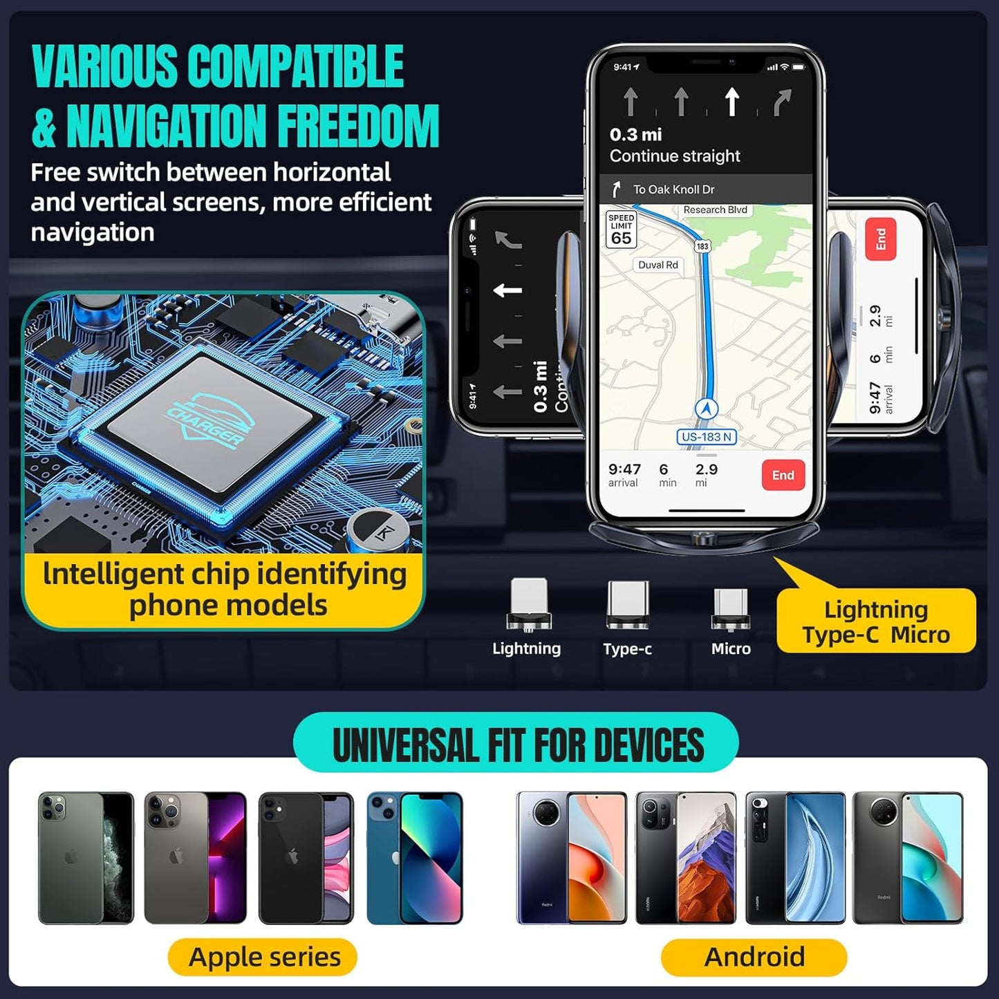 Wireless Car Charger, MAX 15W Fast Charging Auto Clamping, Sensing Phone Holder Mount, fit for iPhone 16 15 14 13 12 Pro Max Xs X, Samsung Galaxy S24 Ultra S23 S22 S21 S20 Note20 (2-Black)