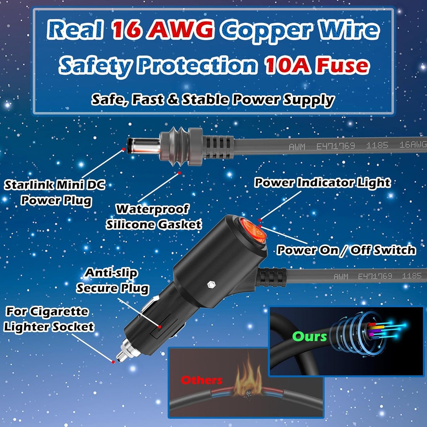 Starlink Mini Cable, 10FT Starlink Mini Car Charger DC Power Cable, 12V-48V Cigarette Lighter Adapter for Starlink Mini Accessories, Waterproof 16AWG Car Power Supply Cord for RVs, Trucks & Ships