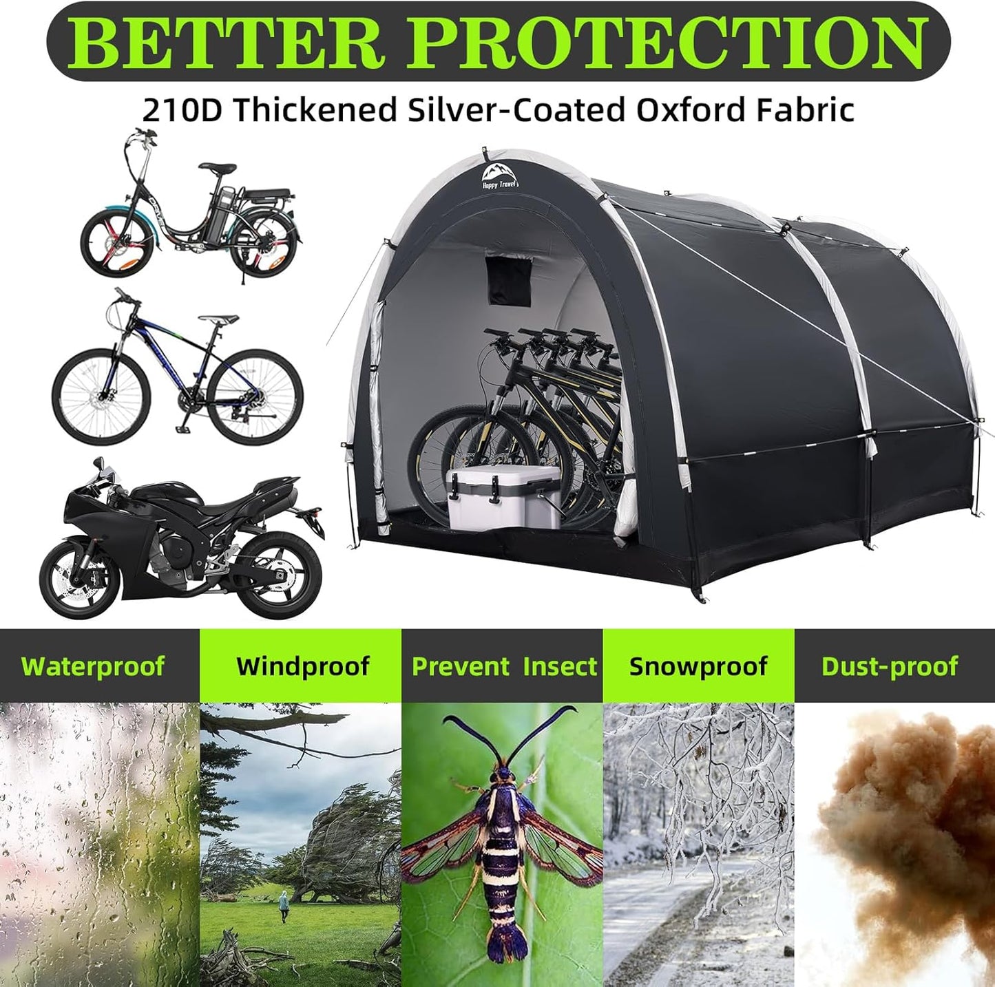 Happy Travel Bike Storage Tent Shed, Outdoor Waterproof Bicycle Covers Shelter with Window for 2/3/4/6/8 Bikes,Oversized Outside Portable Sheds for Lawn Mower,Garden Tools