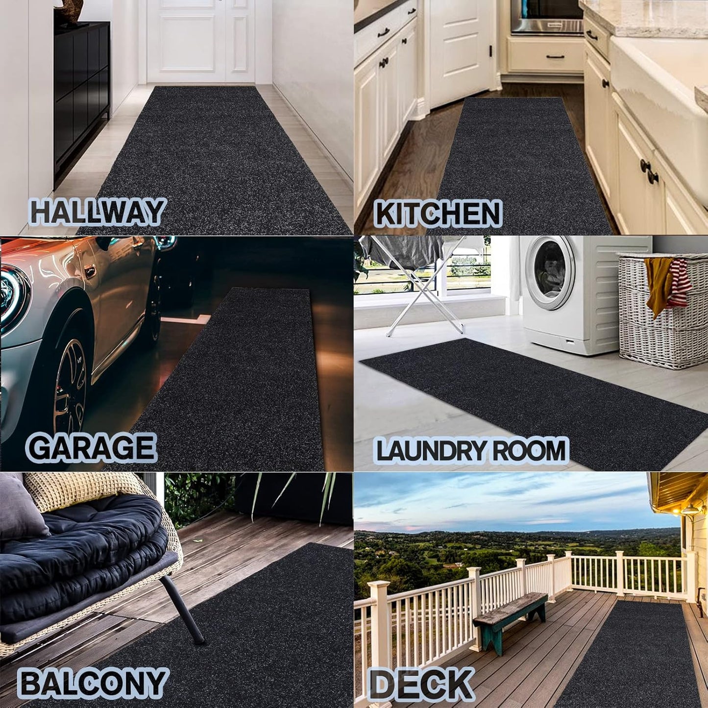 Custom Size Backed Non-Slip Area Rugs Runner, Easy Clean, Waterproof Runner Rugs for Hallway Entryway, Kitchen, Laundry, 2FT x 15FT, Black