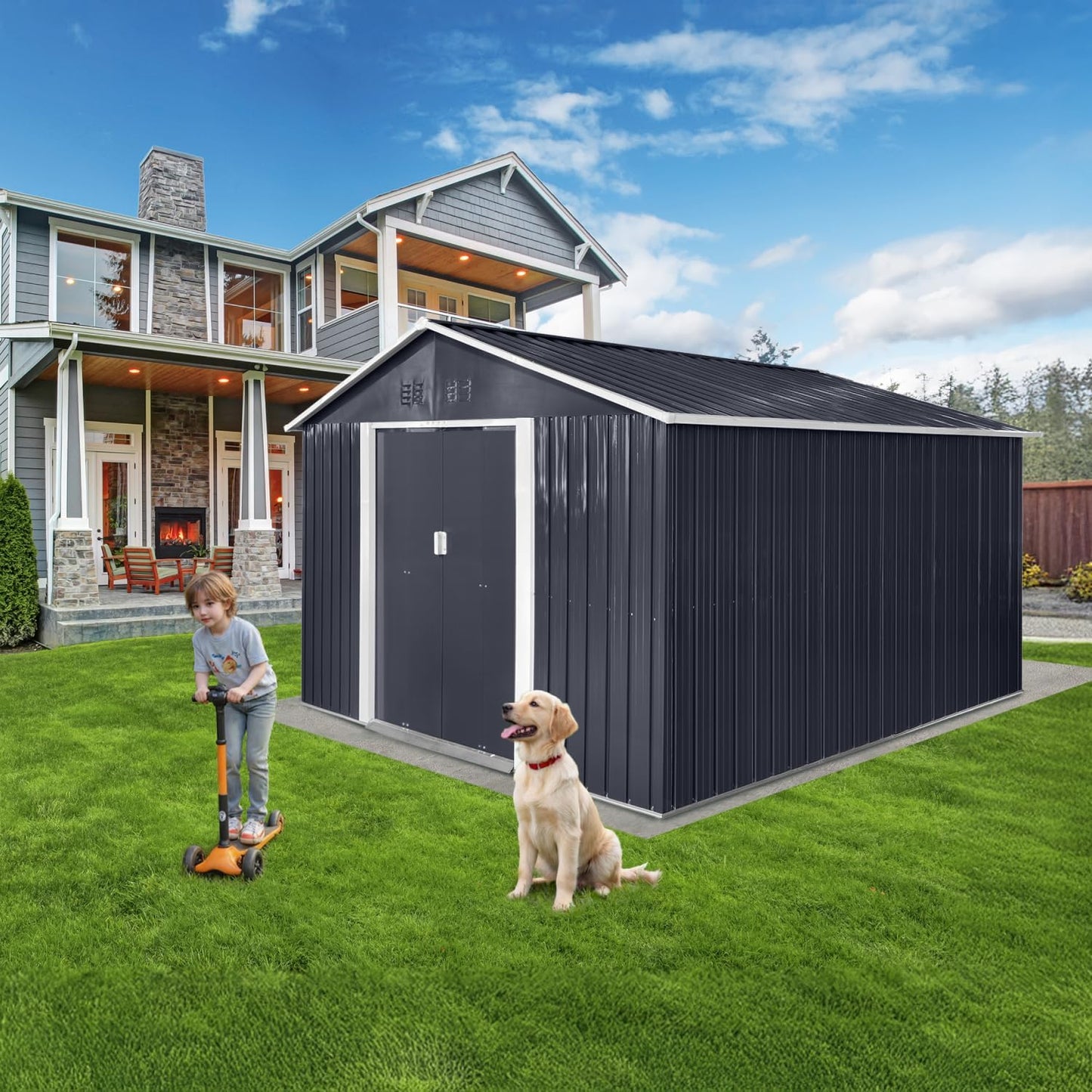 9 x 6.4 Ft Outdoor Storage Shed, Heavy-Duty Metal Shed with Windows & Secure Lockable Doors, Ideal Storage Shed for Outdoor, Patio, Garden, and Backyard, Anthracite