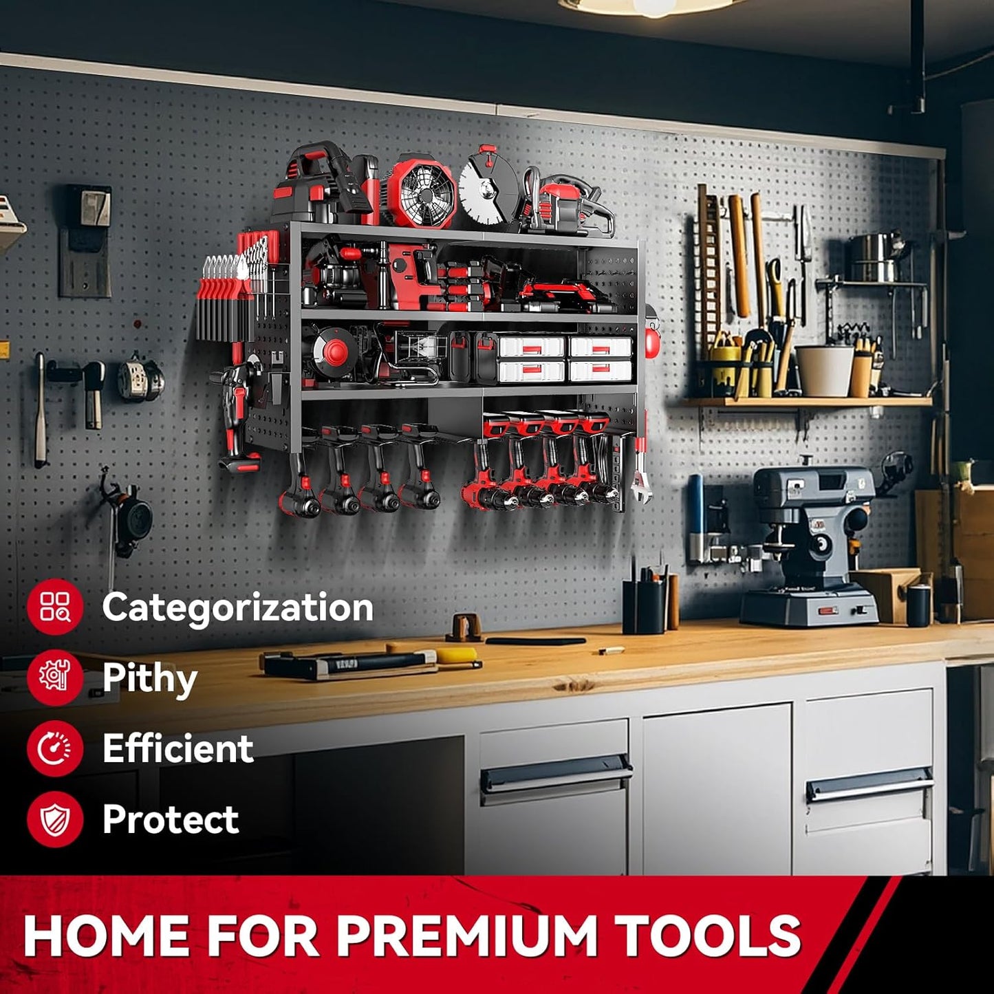 Power Tool Organizer Wall Mount, Heavy Duty 4-Tier Garage Storage Rack with Hooks and Cordless Drill Holder, Utility Racks for Screwdrivers, Pliers, Hammers,AngleGrinder, Shelf for Workbench