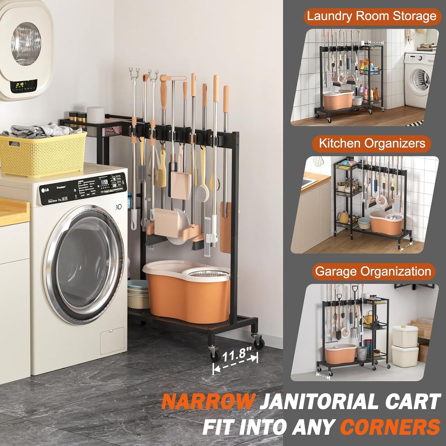 Broom Holder with Cleaning Supplies Organizer, Broom Closet Storage Cabinet with Cleaning Caddy, Cleaning Cart with Mop Hanger Gripper Rack Hooks,Janitorial Housekeeping cart,Laundry Room Organization