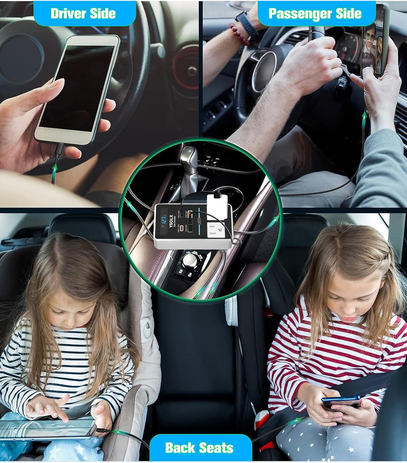 YSOLX 300W 12V to 110V Car Power Inverter, with Dual USB-A 24W and USB-C 65W, Dual AC Car Plug Adapter Outlet and Equipped with a Display Screen.Suitable for car Trips, Camping,Charging laptops