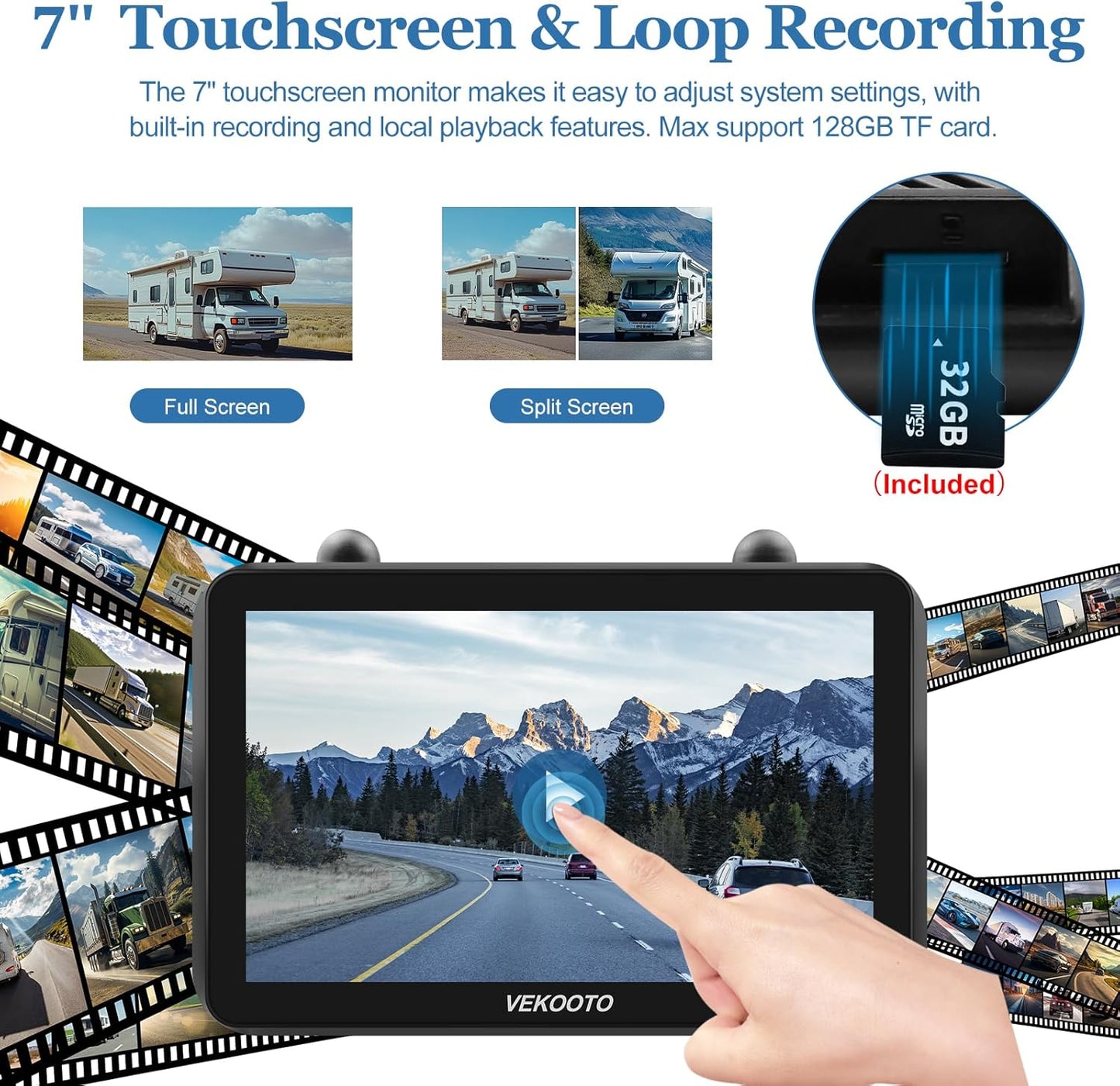 2 Magnetic Solar Wireless Backup Camera with 7'' IPS Touchscreen, 15,000mAh Rechargeable, Auto Sleep, No Wiring, 1080P Night Vision Wireless Backup Camera for Trucks, RV, Trailer, Camper VEKOOTO VK7-2