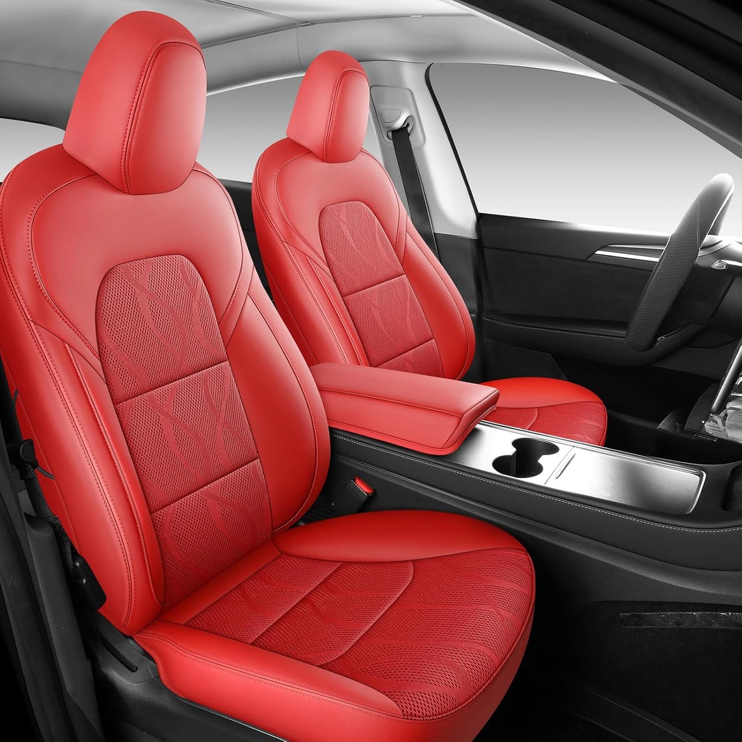 Tesla Model Y Seat Cover Full Set, Faux Leather Tesla Car Seat Cover, Perfect Suitable for Tesla Model Y 2020 2021 2022 2023 2024 2025 (Red)