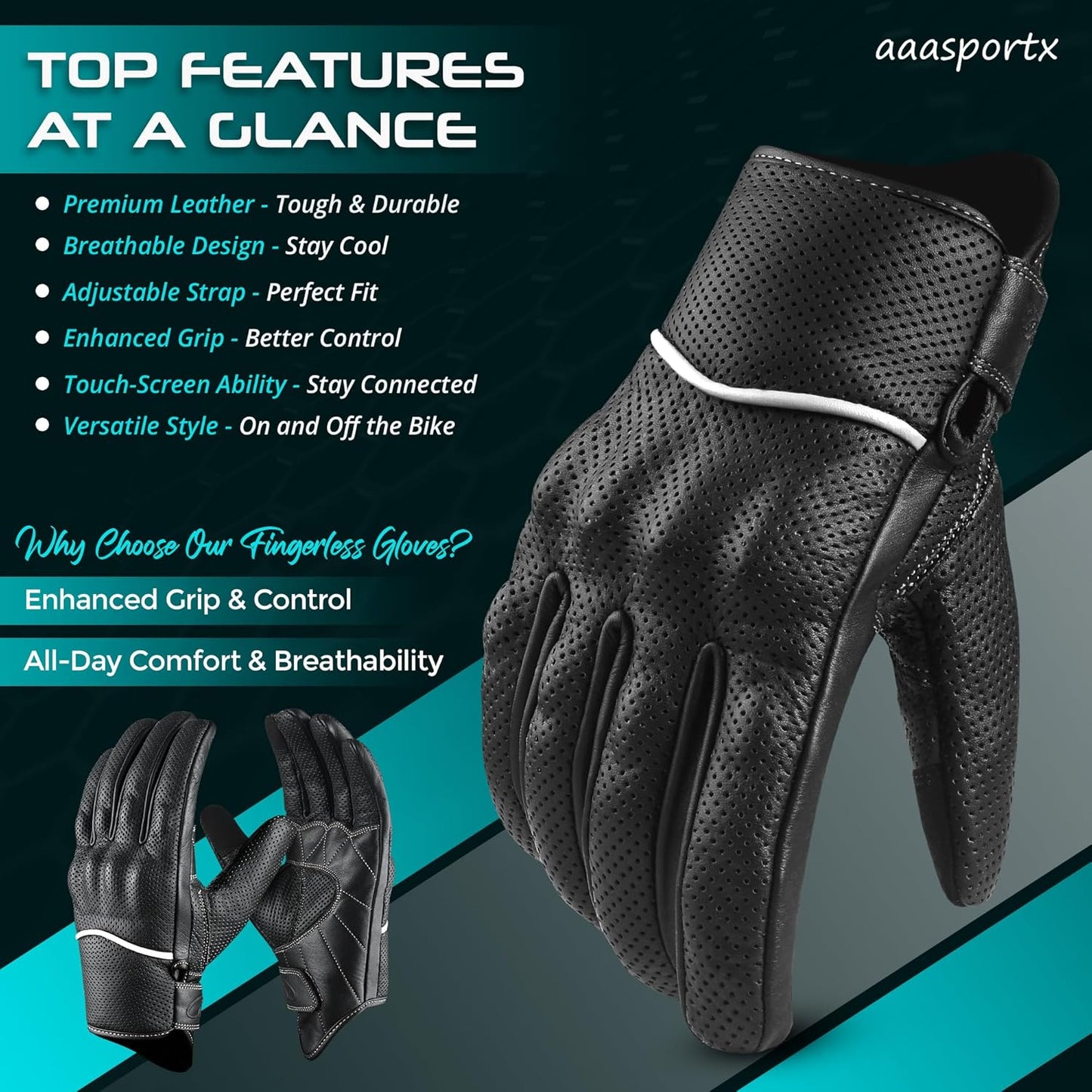 aasportx Motorcycle Gloves - Men's Leather Motorbike Gloves with Touchscreen Function - Non-Slip Pads for Men & Women