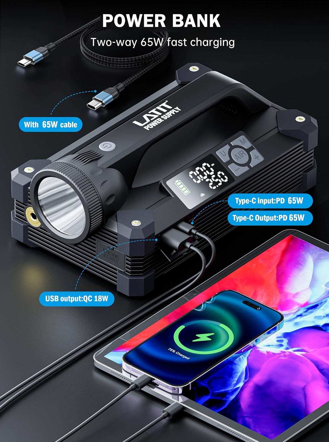 LATIT 6000A Jump Starter with Air Compressor 150PSI 65W Charger, 12V Battery Jumper Starter Pack Portable (10L Gas/8L Diesel), 103.6Wh Jump Box Battery Charger with LCD Display, Lights 2000 LM