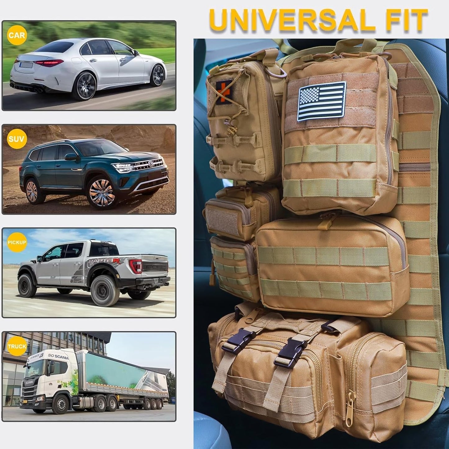 Universal Tactical Seat Back Organizer Vehicle Molle Panel Organizer Storage Bag with 5 Detachable Molle Pouch for All Vehicel Such as Jeep,Truck,SUV, Car, Ford,Chevy etc