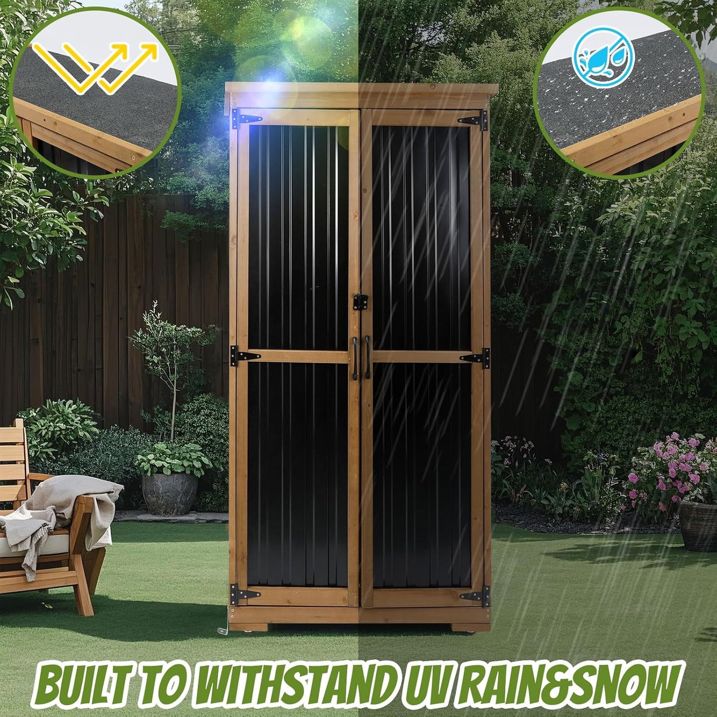 Outdoor Storage Cabinet,Wood & Metal Storage Shed with Lockable Doors & Adjustable Shelves,Vertical Outdoor Cabinets Weatherproof for Patio Backyard, Gardening Tools and Accessories,Brown