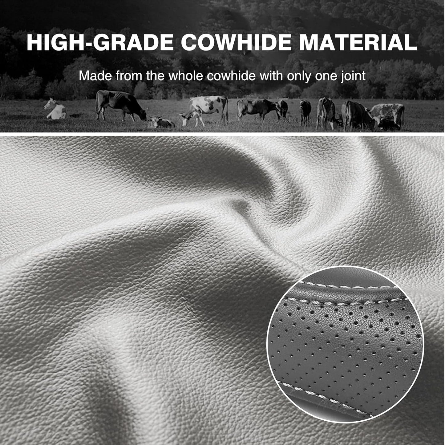 High-Grade Gray Genuine Leather Steering Wheel Cover for Men Women，Real Cowhide Leather Steering Wheel Cover for Cars,Universal 14.5-15 inch Steering Wheels