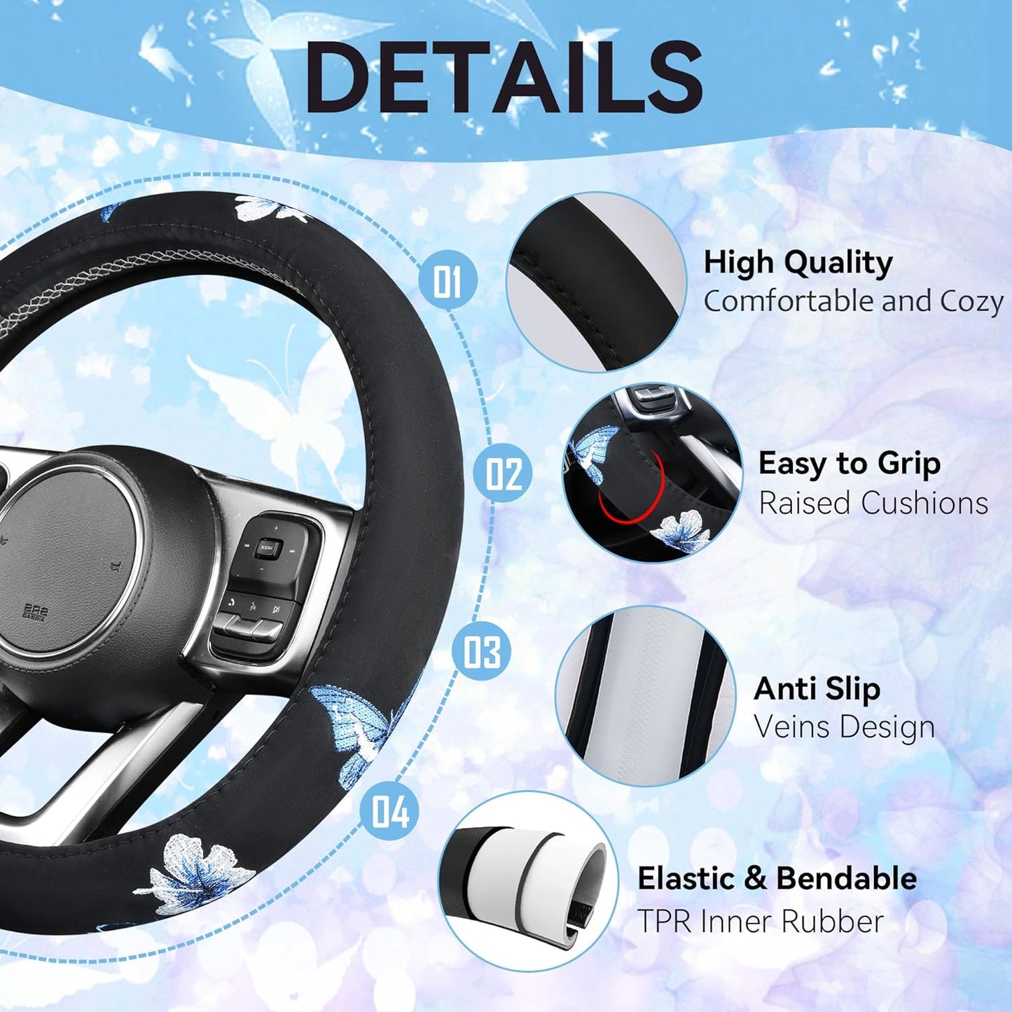 CAR PASS Blue Butterfly Car Seat Covers Full Set, Embroidered Flower Waterproof Car Floor Mats Carpet, Butterflies Steering Wheel Cover for Universal Car Accessories Interior Sets (Black and Blue)