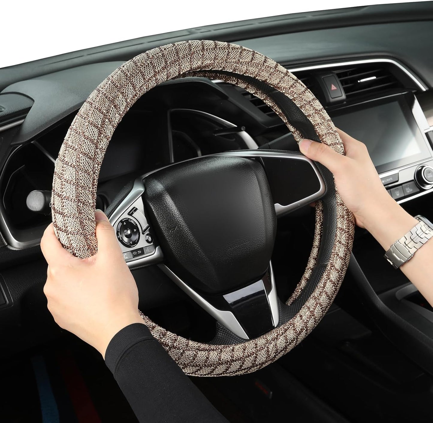 Auto Newer Breathable Steering Wheel Cover Suitable For Four Seasons，Anti-Slip Design，Odorless，Easy Carry Unviersal Fit for Truck SUV Sedans Vans，Interior Accessories Standard Size[14" 1/2-15"]（Beige）