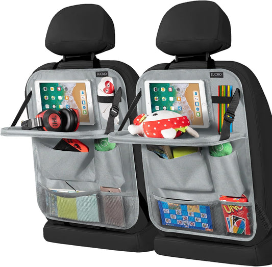 LUCMO Car Backseat Organizer with Tablet Holder-2 Pcs,6 Storage Pockets Car Storage Organizer with Foldable Food Tray Protectors Kick Mats Travel Accessories-Grey