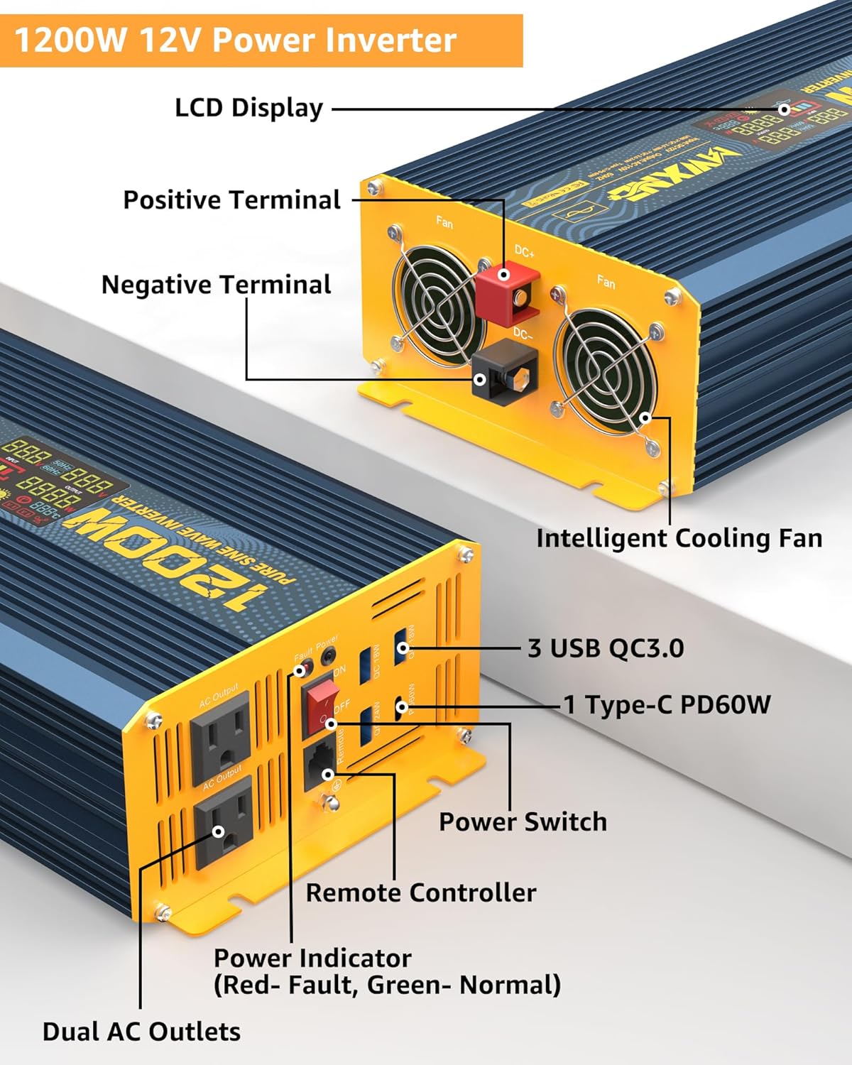 1200 Watt Pure Sine Wave Power Inverter DC 12V to 110V AC Converter with Dual AC Outlets, PD60W/QC3.0 Fast Charging USB Ports, Car Solar Inverter with LCD Display for Home RV Truck