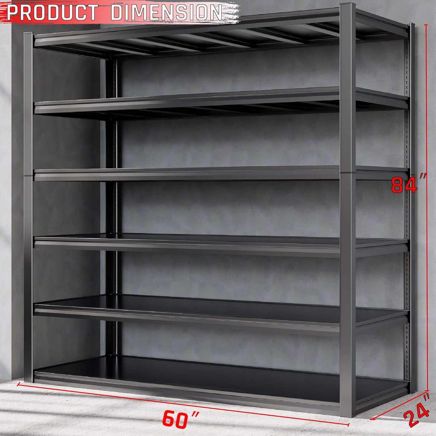 60" W Garage Shelving Heavy Duty, 6 Tier Garage Shelves, 60" W x 84" H x 24" D Adjustable Storage Shelving Unit, Commercial Metal Shelves for Warehouse, Pantry, Shop