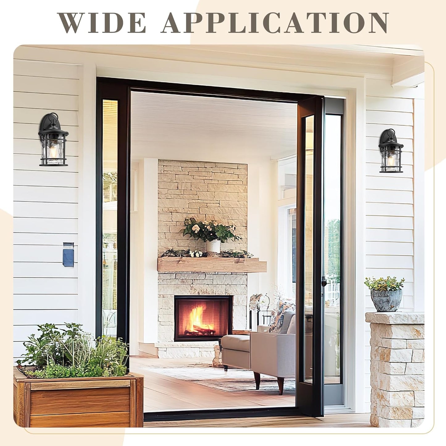 Emliviar 2 Pack Exterior Wall Sconce Light, Anti-Rust Outdoor Lanterns Wall Lamps, Farmhouse Patio Lightings with E26 Socket & Water Ripple Glass, Black Finish, XE229BS-2PK BK-WG