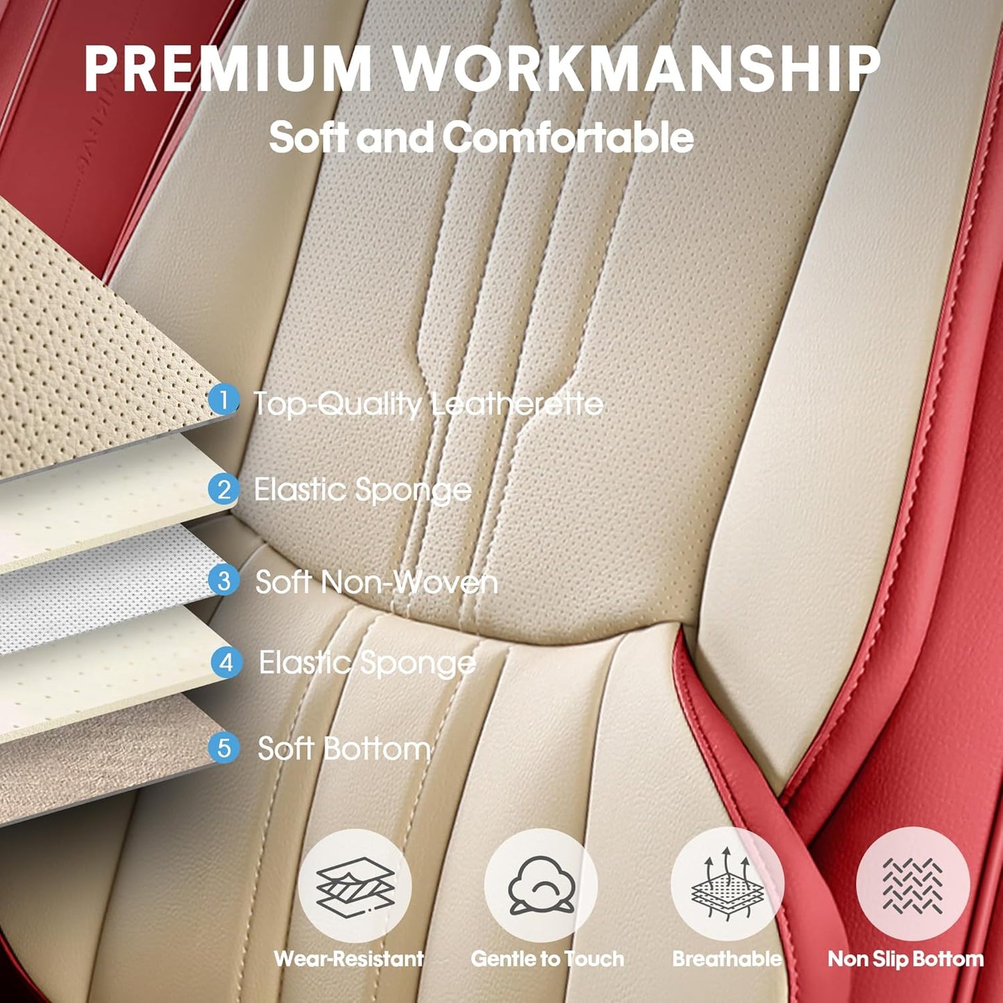 AOOG Car Seat Covers Full Set, Leather Seat Covers for Car, Waterproof Car Seat Protector with Lumbar Support, Automotive Seat Covers Universal Fit for Most Cars SUV Trucks (Full Set, Red)