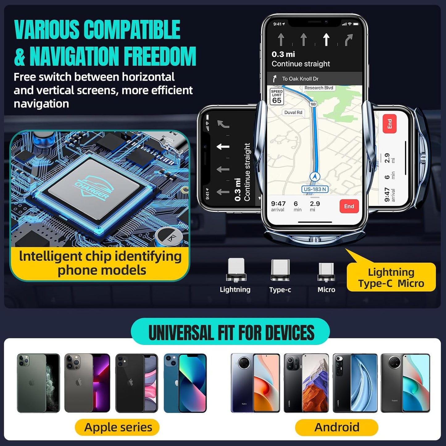 Wireless Car Charger, MAX 15W Fast Charging Auto Clamping, Sensing Phone Holder Mount, fit for iPhone 16 15 14 13 12 Pro Max Xs X, Samsung Galaxy S24 Ultra S23 S22 S21 S20 Note20 (1-Silver)