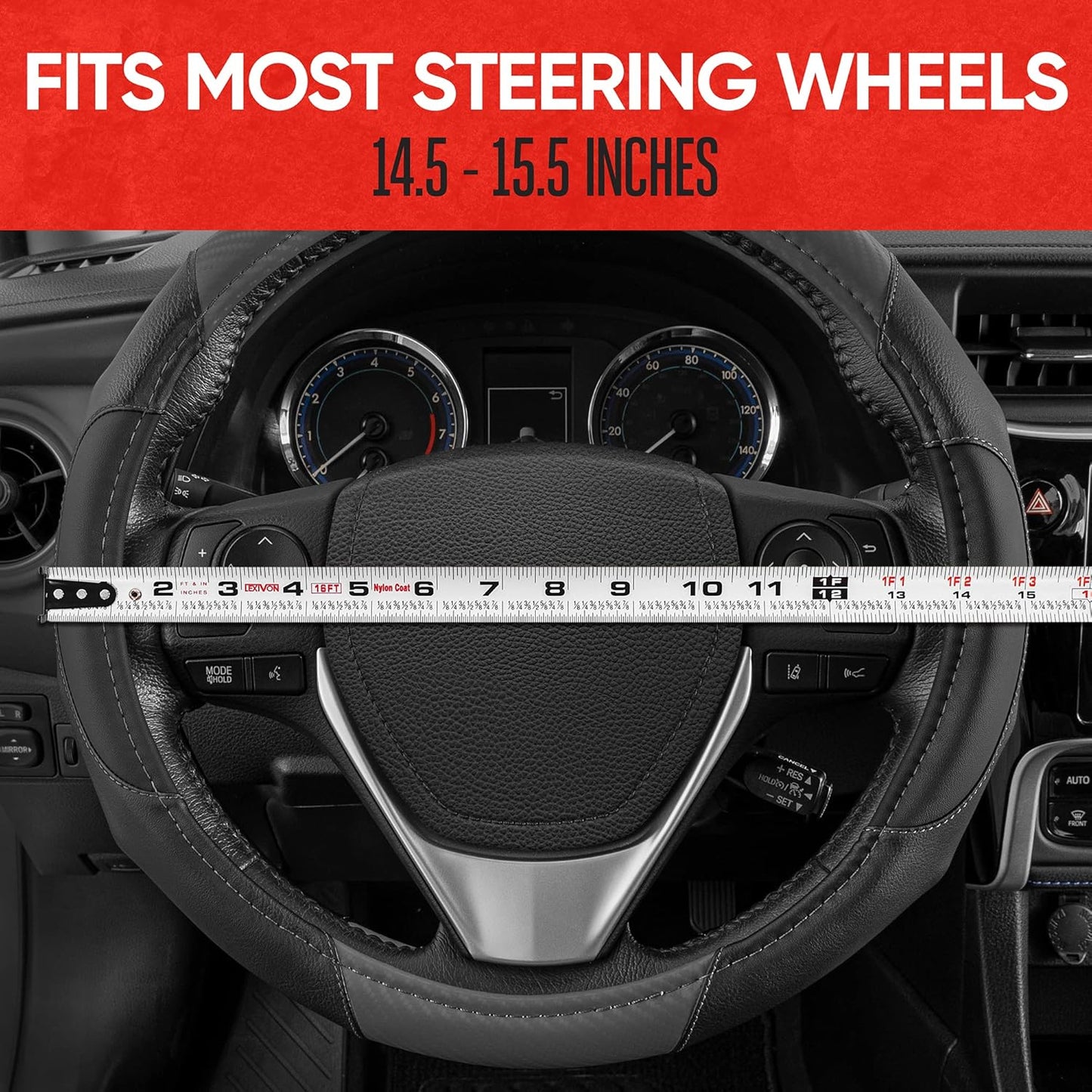 Motor Trend GripDrive Carbon Fiber Steering Wheel Cover, Non-Slip Sporty Racing Faux Leather Ergonomic Comfortable Handle, Steering Wheel Cover for Cars Trucks Vans SUV - Fits Standard 15 Inch - Gray