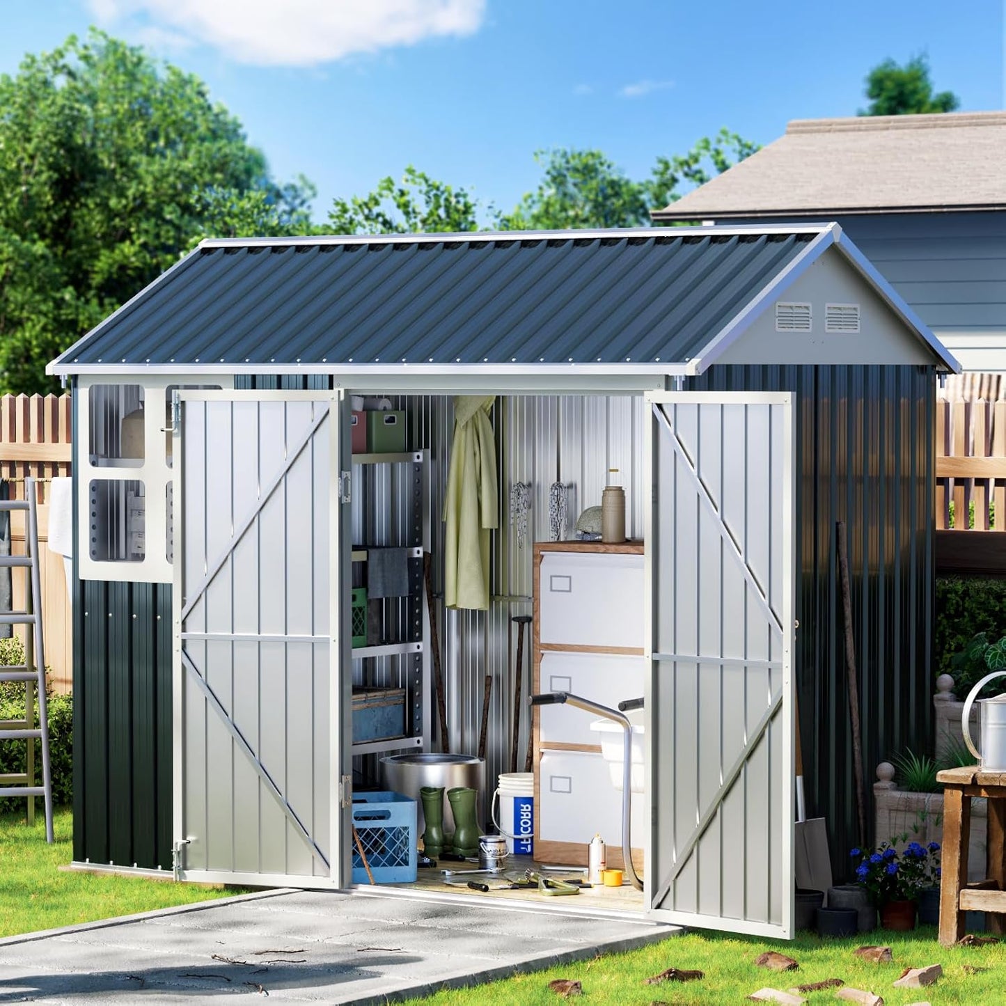 8X6FT Outdoor Steel Storage Shed with Lockable Doors, One Window, No Base, Ideal for Garden, Backyard, Patio Storage