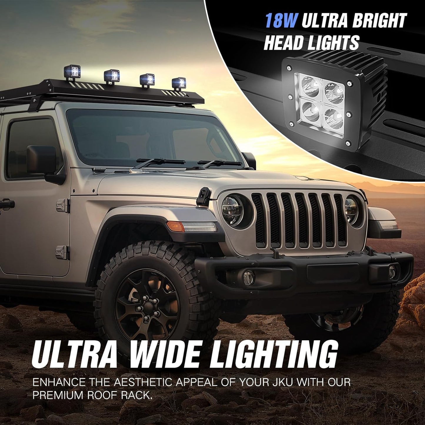 Roof Rack Cargo Basket with 4PCS LED Light Bar Compatible for 2007-2024 Jeep Wrangler JK JL Unlimited & Gladiator JT 4 Doors Hardtop, JKU JLU Luggage Racks Rooftop Storage Carrier (Black)