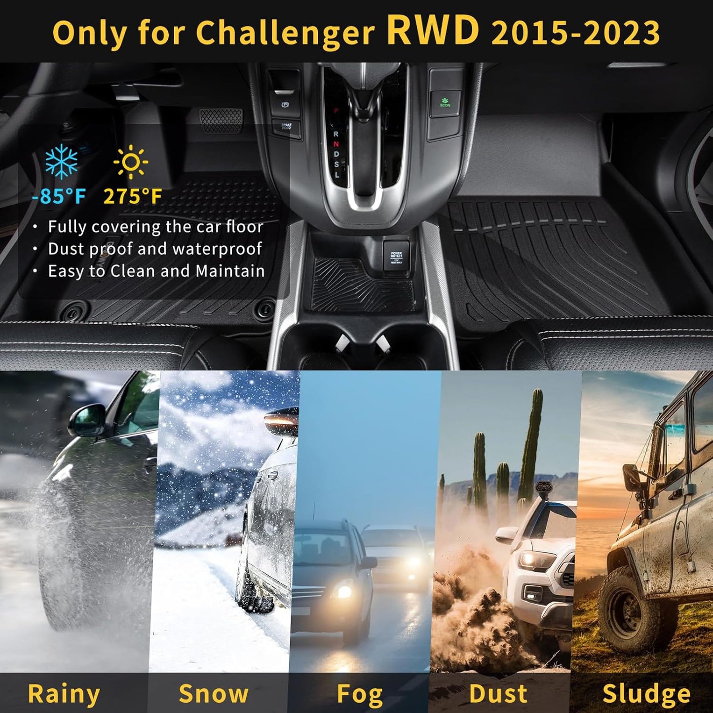 GINOWY-Floor Mats & Cargo Liner for Dodge Challenger RWD 2015-2023, TPE All Weather Challenger Car Floor Mats, Non-Slip Trunk Mat Waterproof Challenger Automotive Floor Liners Accessories Black