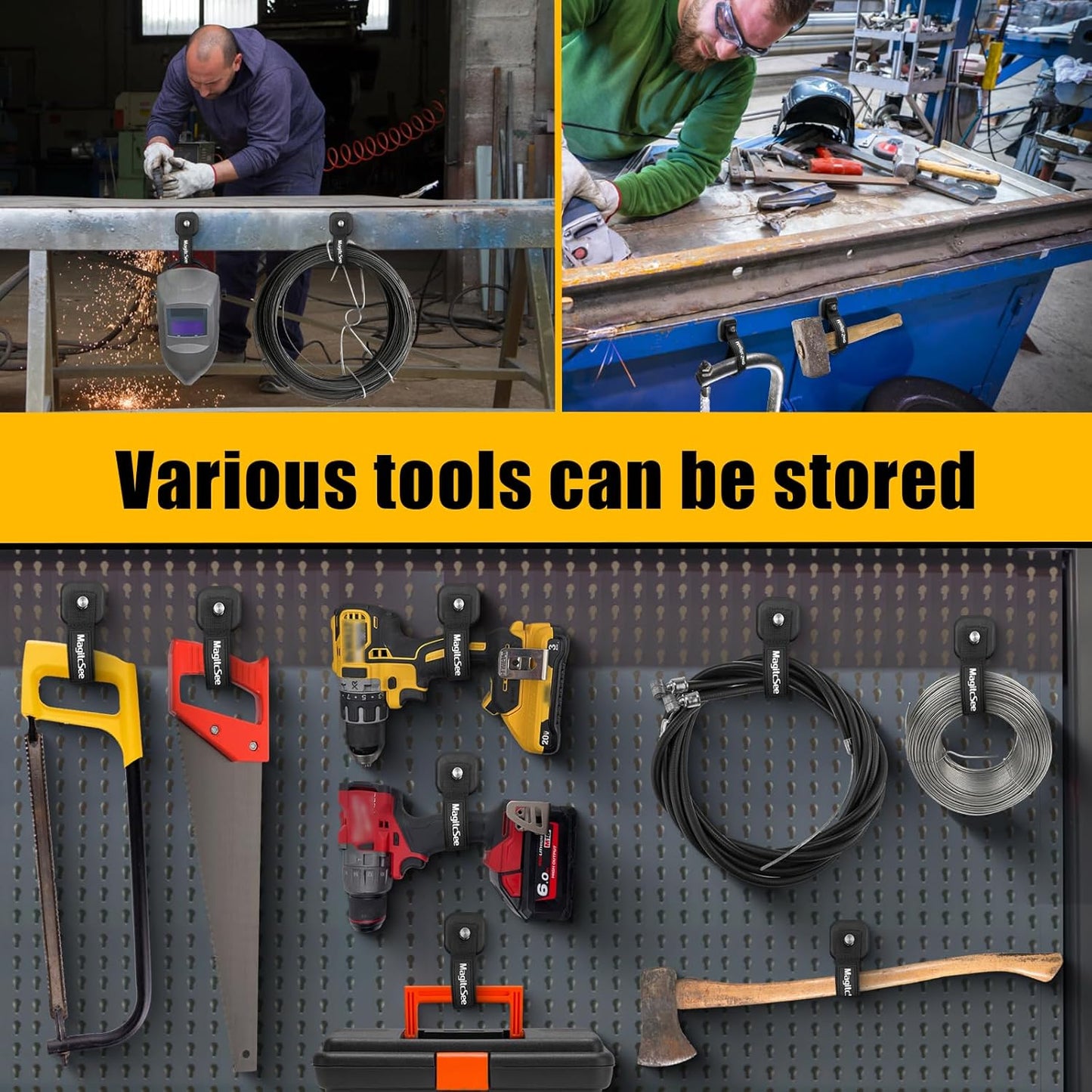 Updated 4 Pack Heavy Duty Magnetic Hook Straps for Extention Cords, Powerful Cruise Garage Storage Hook Ties for Hanging Cables, Garden Hoses Ropes, Workshop Tool Box Magnet Organize Hangers for Tools