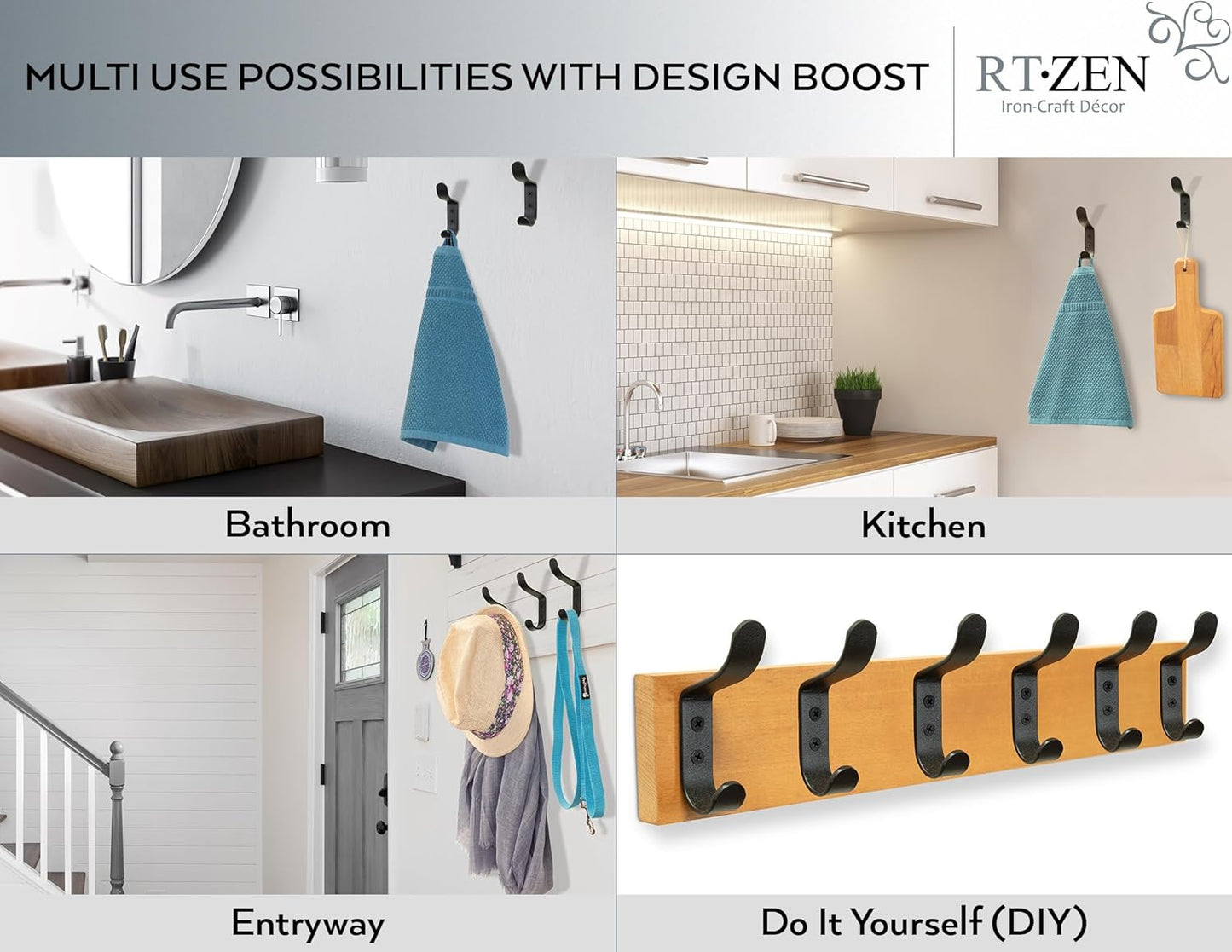 RTZEN Wall Mount Hook Set - Wrought Iron Decorative Rustic Metal Coat Hooks for Hanging - Handcrafted Classic Farmhouse Wall Mounted Black Hooks for Towel Robe or Hat Hanging - 3 Pack