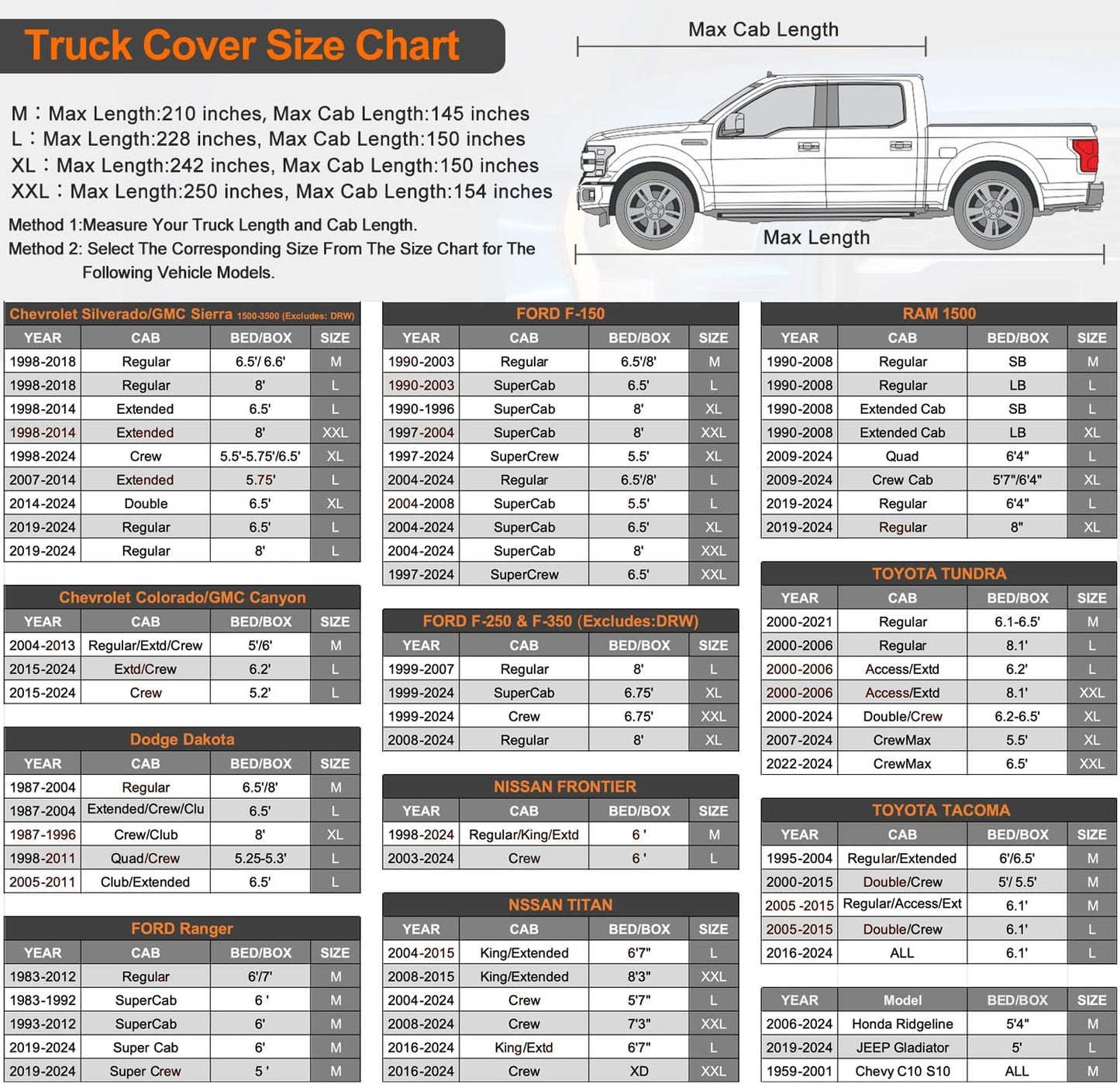 Kayme 7 Layers Truck Cover Waterproof All Weather, Universal Fit Chevy Silverado, GMC Sierra, Ford F150/F 150 Heavy Duty Outdoor Pickup Cover Snow Uv Sun Protection, (Length Up to 250 inch) XXL/Black.